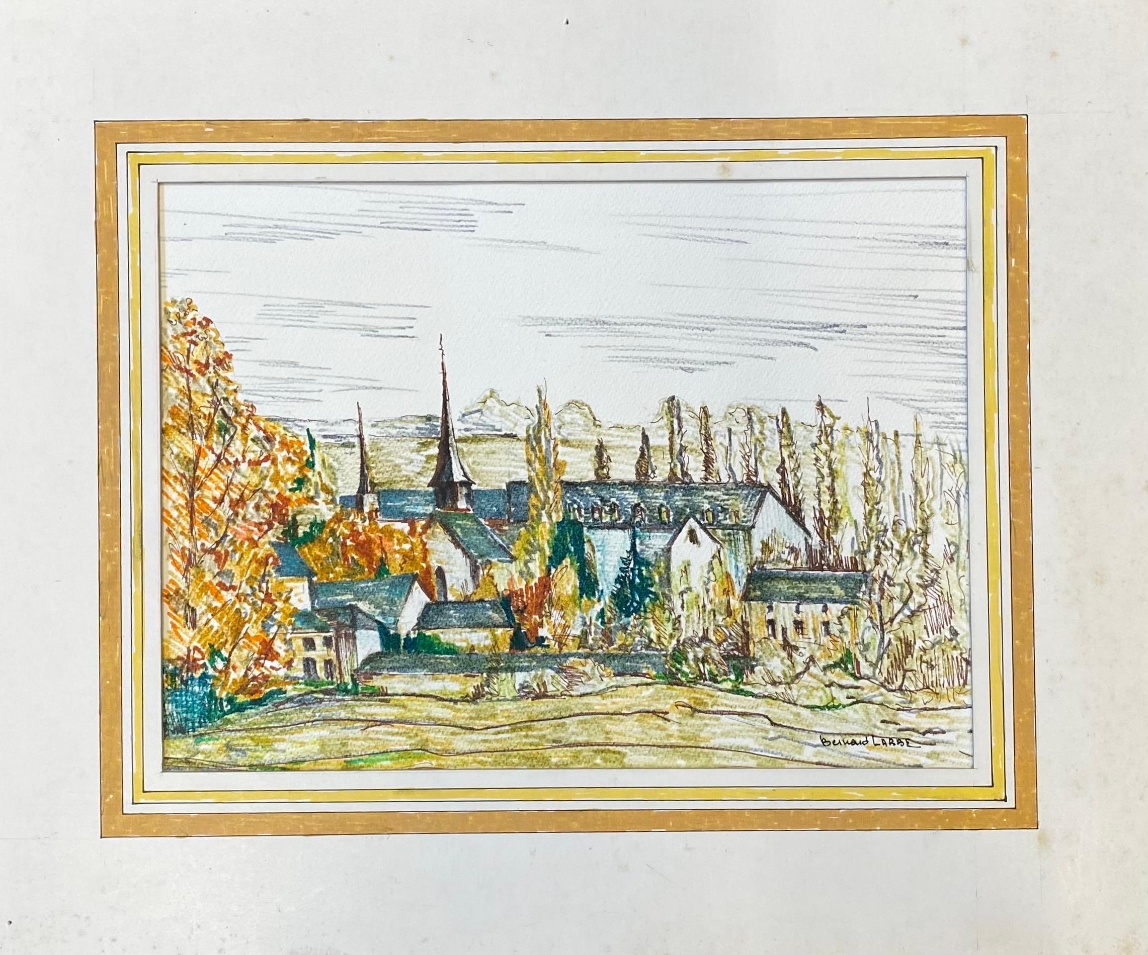 Peinture moderniste / cubiste française des années 1950 signée, Vue d'un village français verdoyant - Beige Landscape Painting par Unknown