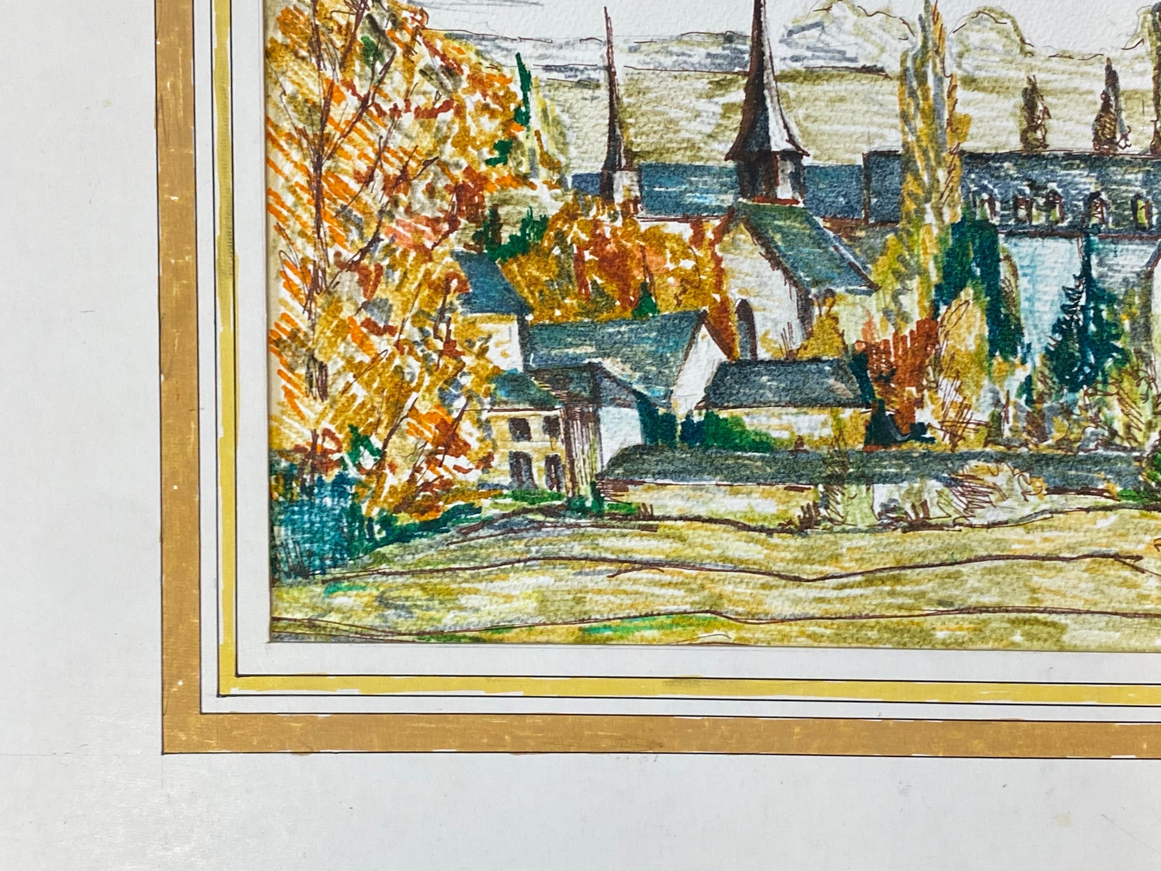Peinture moderniste / cubiste française des années 1950 signée, Vue d'un village français verdoyant en vente 1