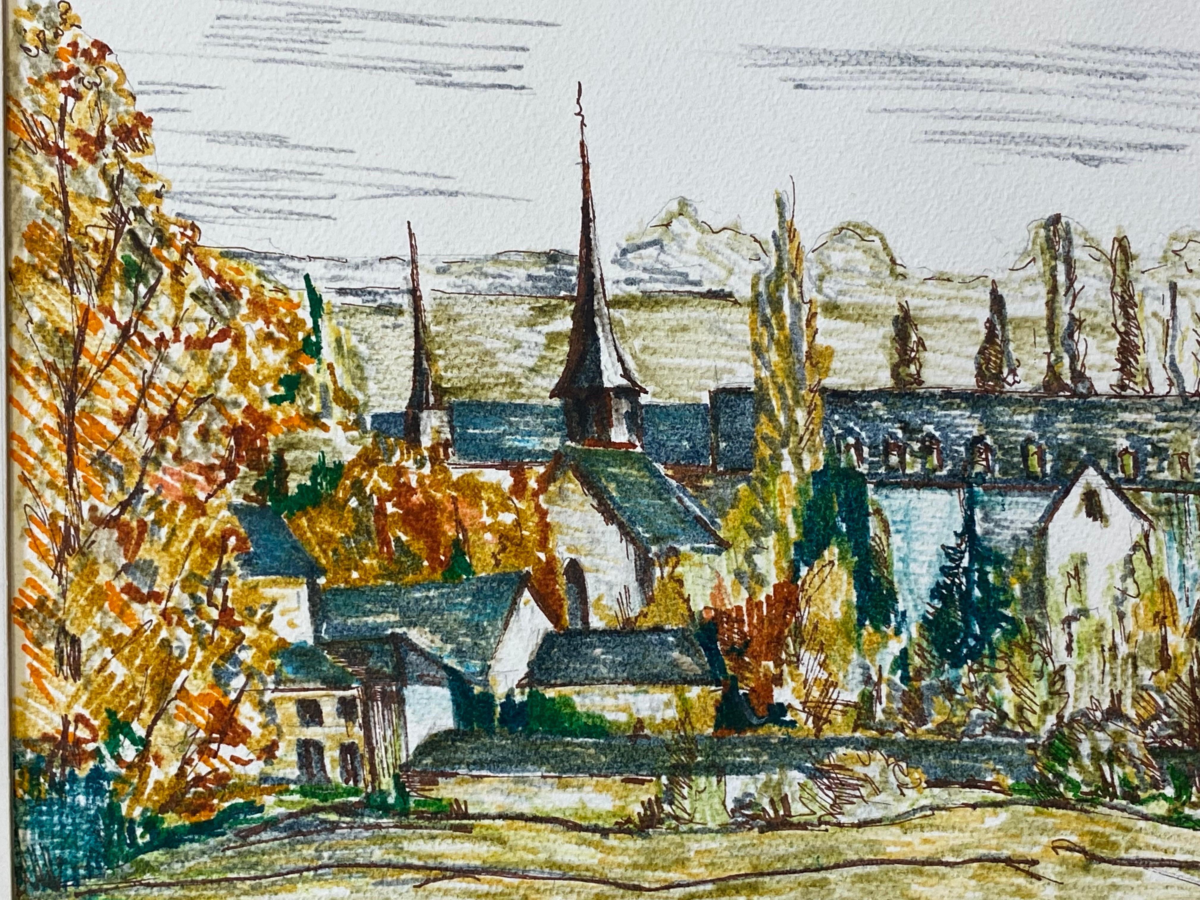 Peinture moderniste / cubiste française des années 1950 signée, Vue d'un village français verdoyant en vente 2