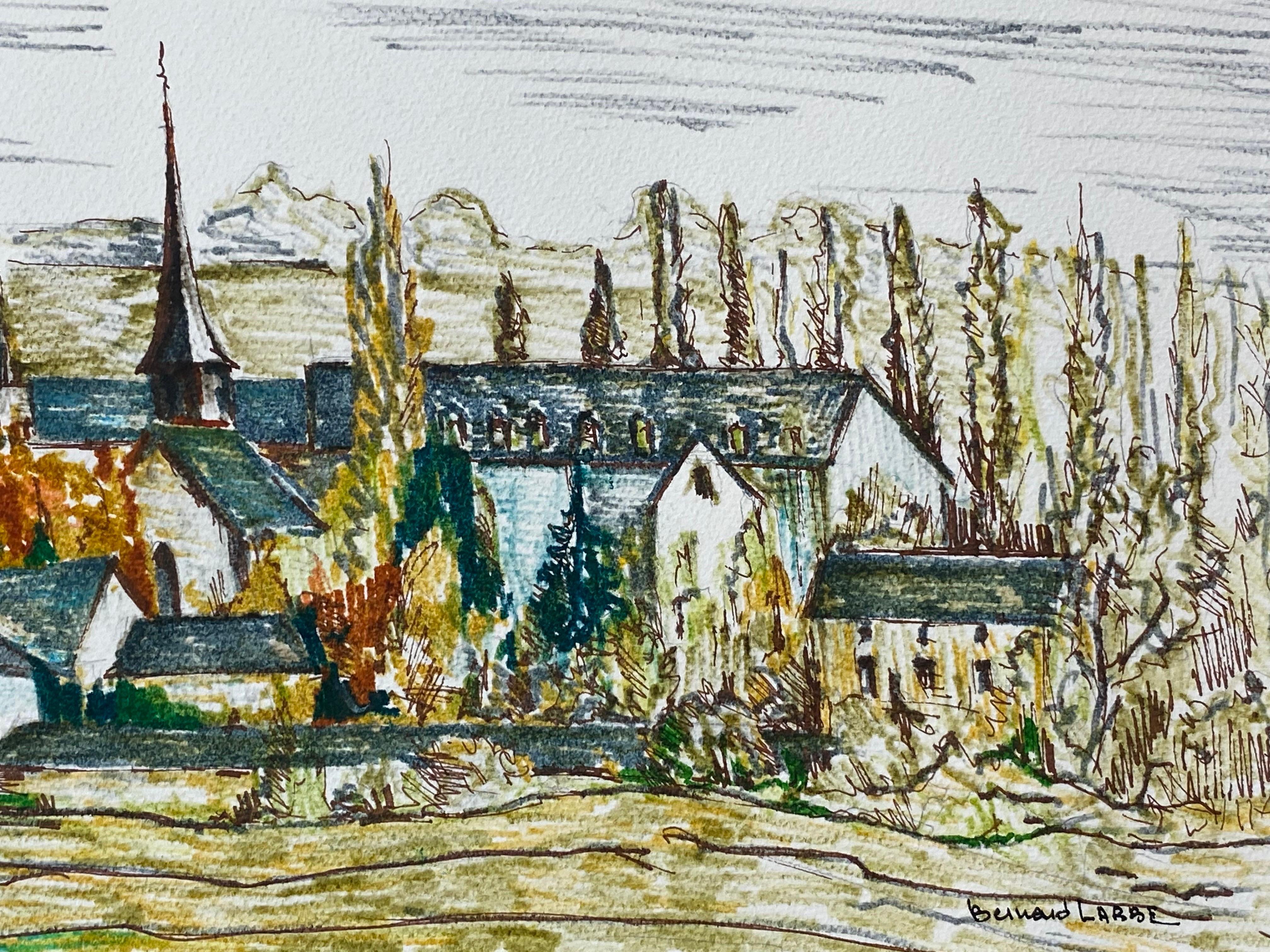 Peinture moderniste / cubiste française des années 1950 signée, Vue d'un village français verdoyant en vente 3