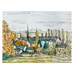 Peinture moderniste / cubiste française des années 1950 signée, Vue d'un village français verdoyant
