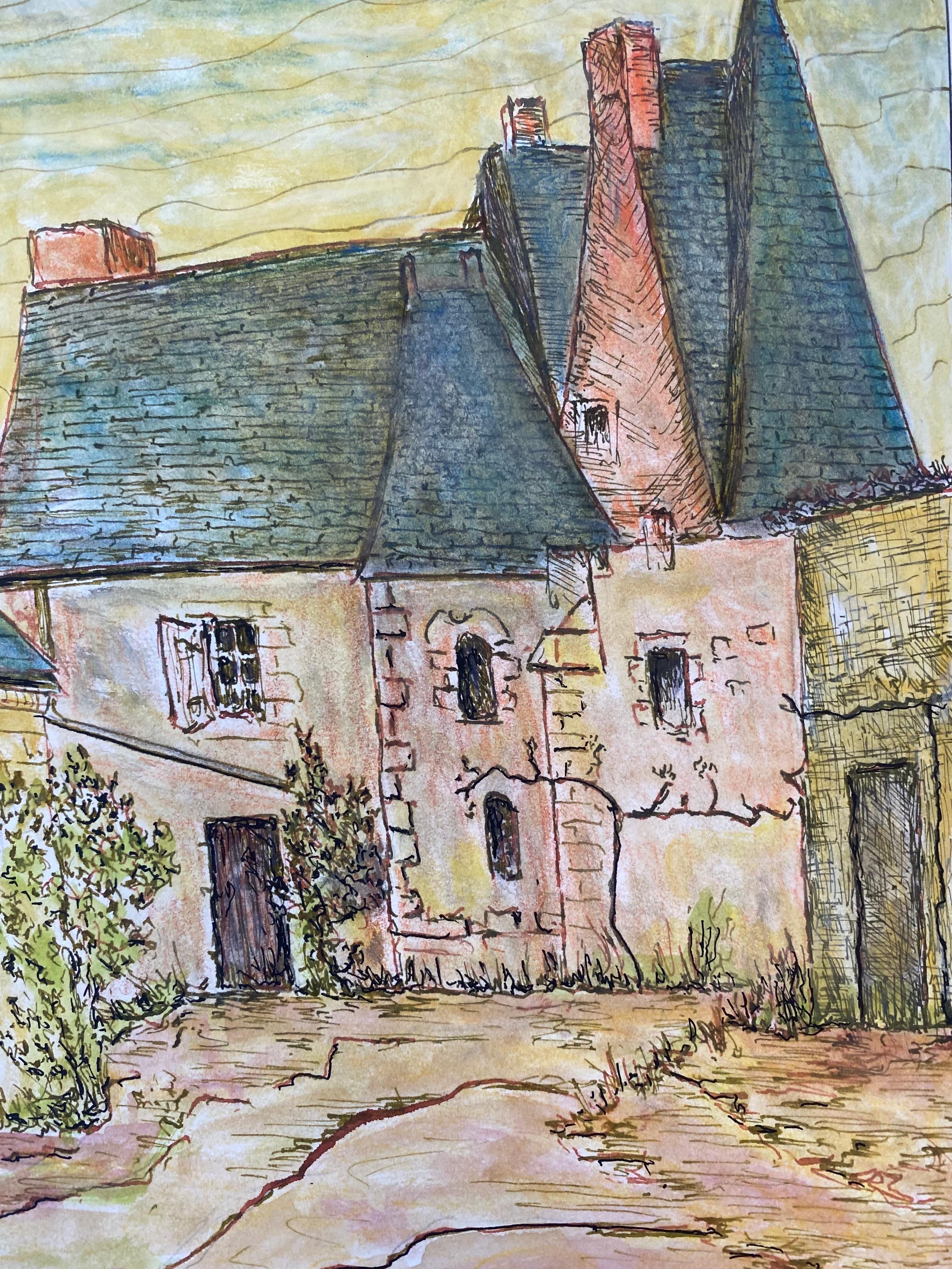 1950's French Modernist/ Cubist Painting Signed, Vintage French Building - Beige Landscape Painting par Unknown