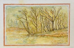 1950's French Modernist/ Cubist Painting Signed, Woodland over Lake