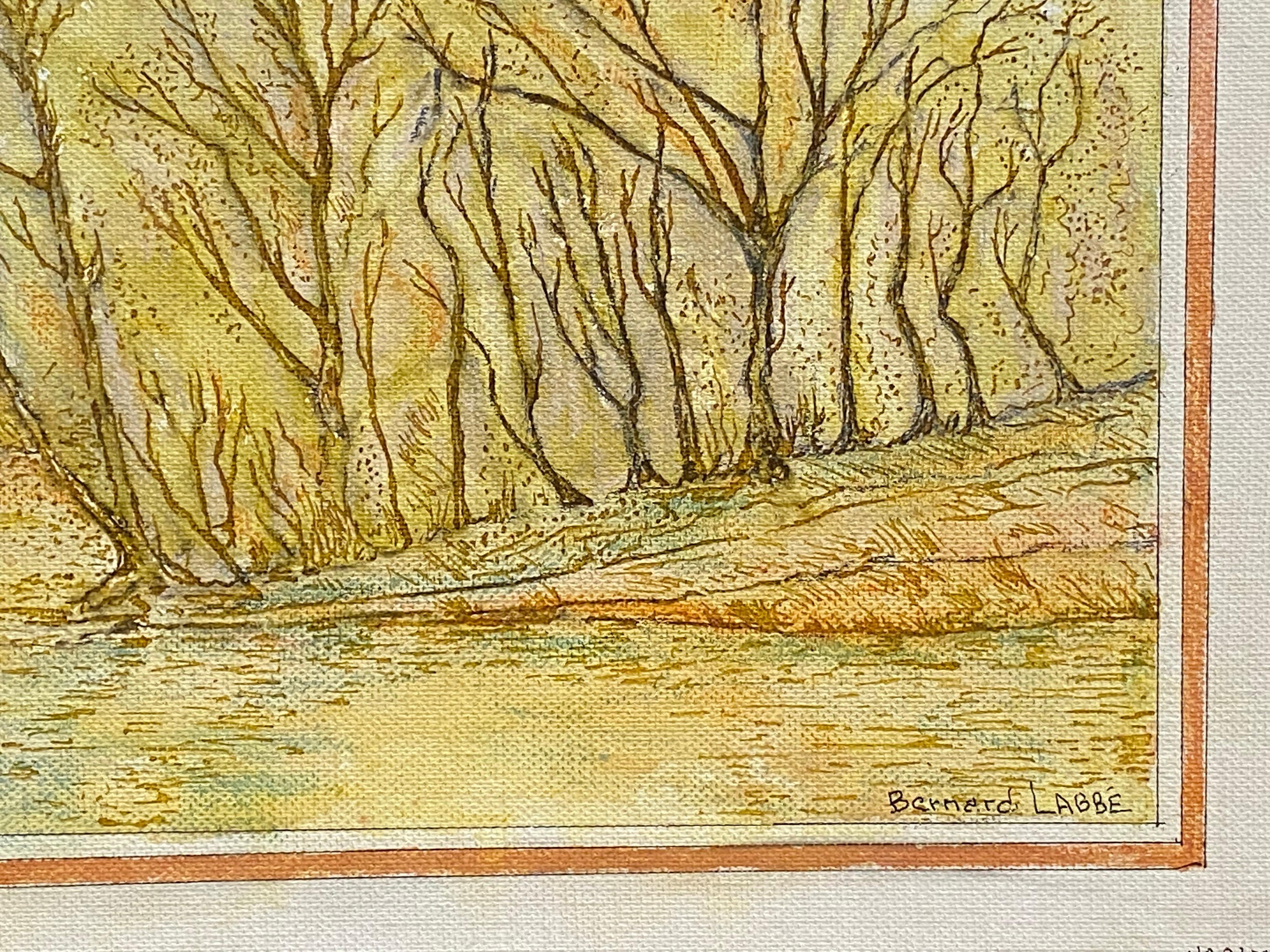 1950's French Modernist/ Cubist Painting Signed, Woodland over Lake For Sale 2