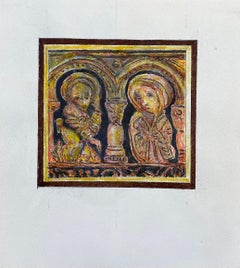 Pittura francese modernista/cubista degli anni '50, due figure in un paesaggio storico