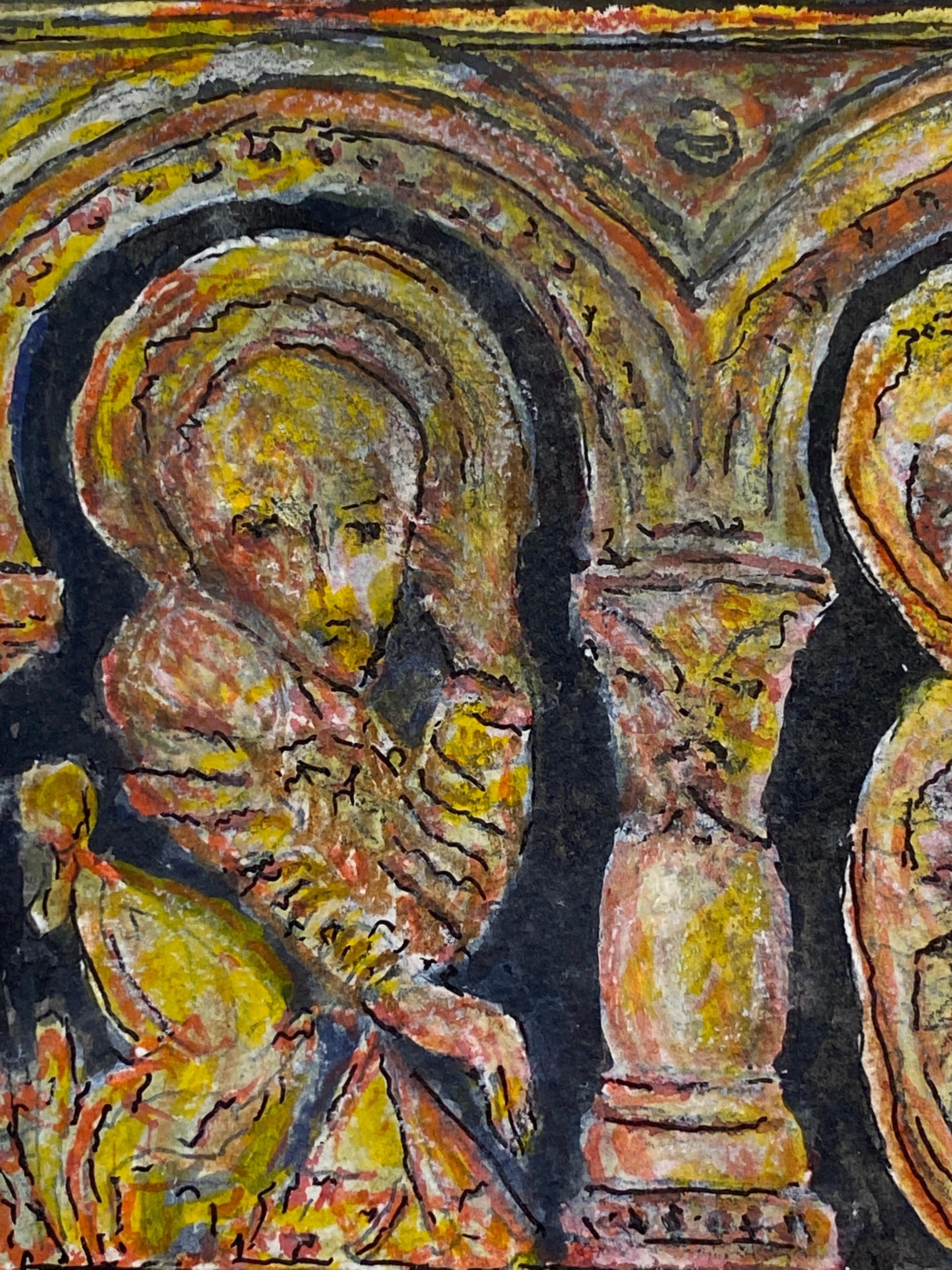 Pintura modernista/cubista francesa de los años 50, Dos figuras en un paisaje histórico en venta 3