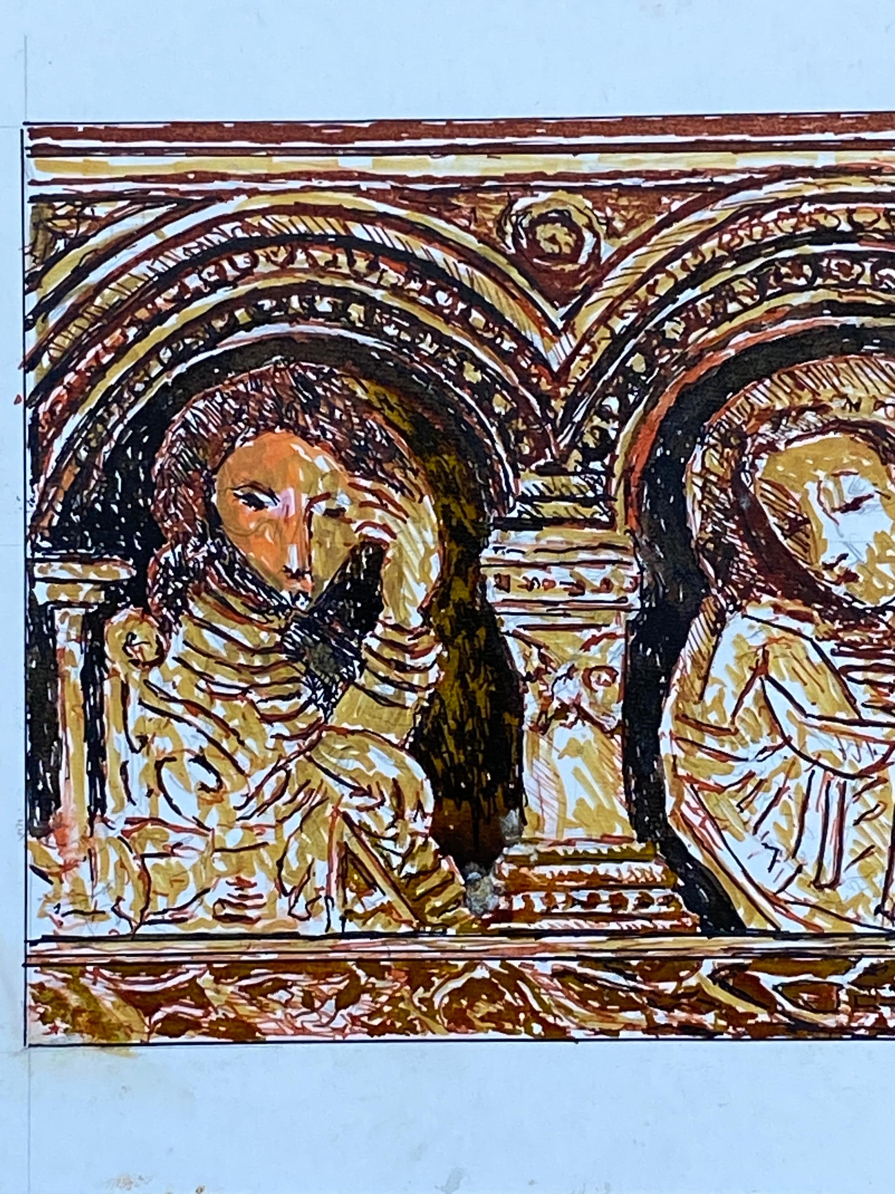 Pintura modernista/cubista francesa de los años 50 - Dos figuras religiosas - Painting de Unknown