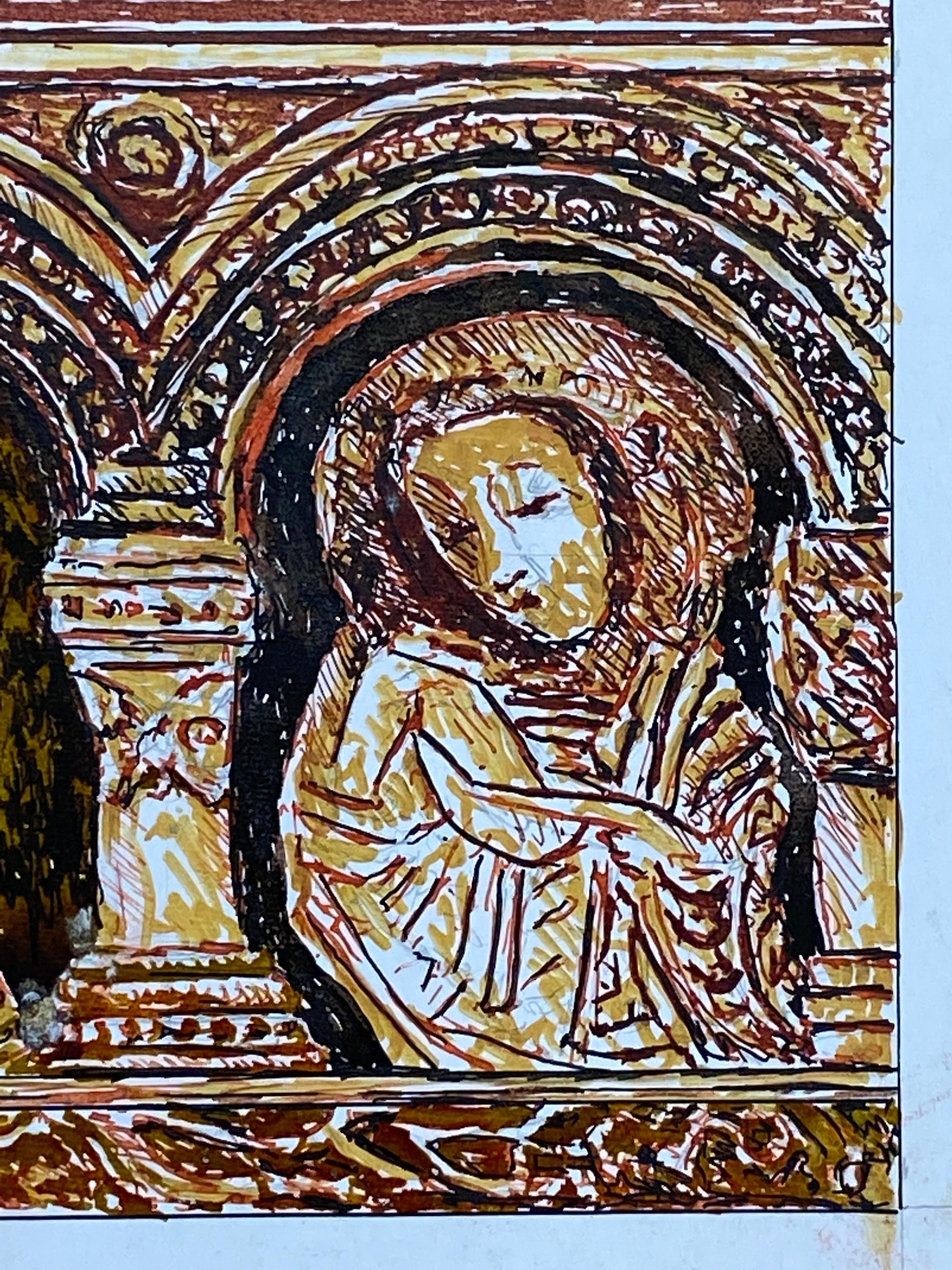 Pintura modernista/cubista francesa de los años 50 - Dos figuras religiosas - Figurative Painting Azul de Unknown