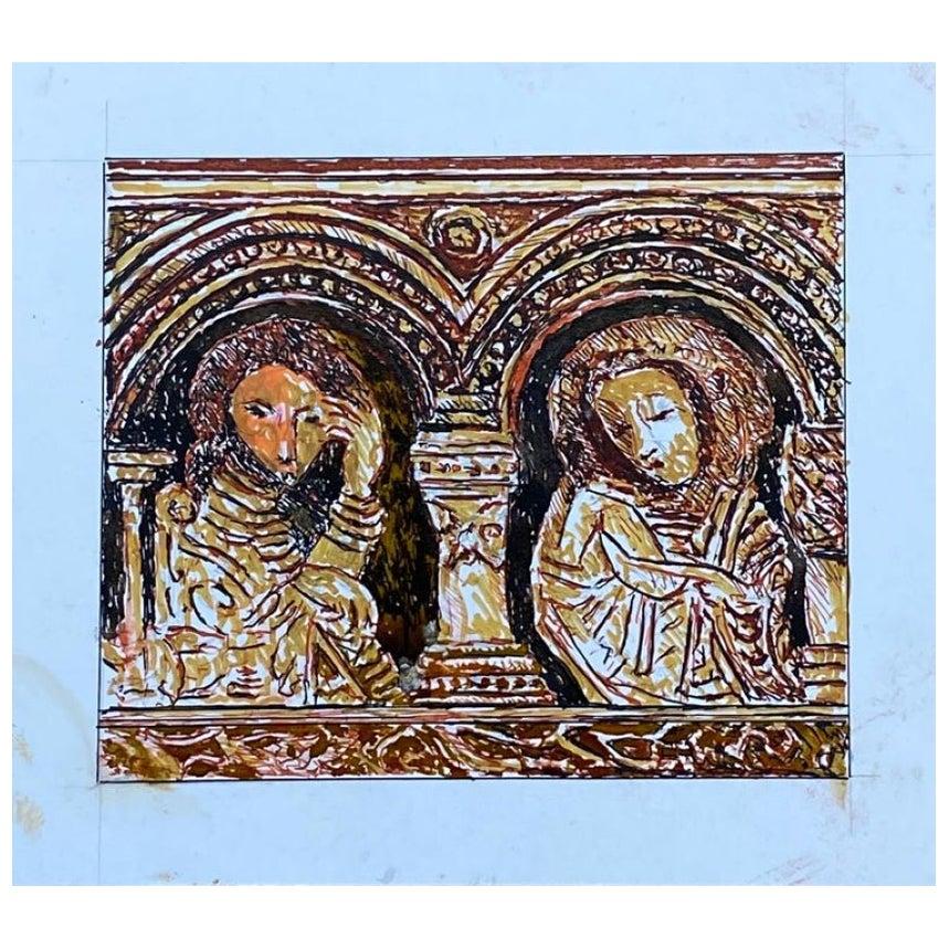 Peinture moderniste/cubiste française des années 1950 - Deux figures religieuses