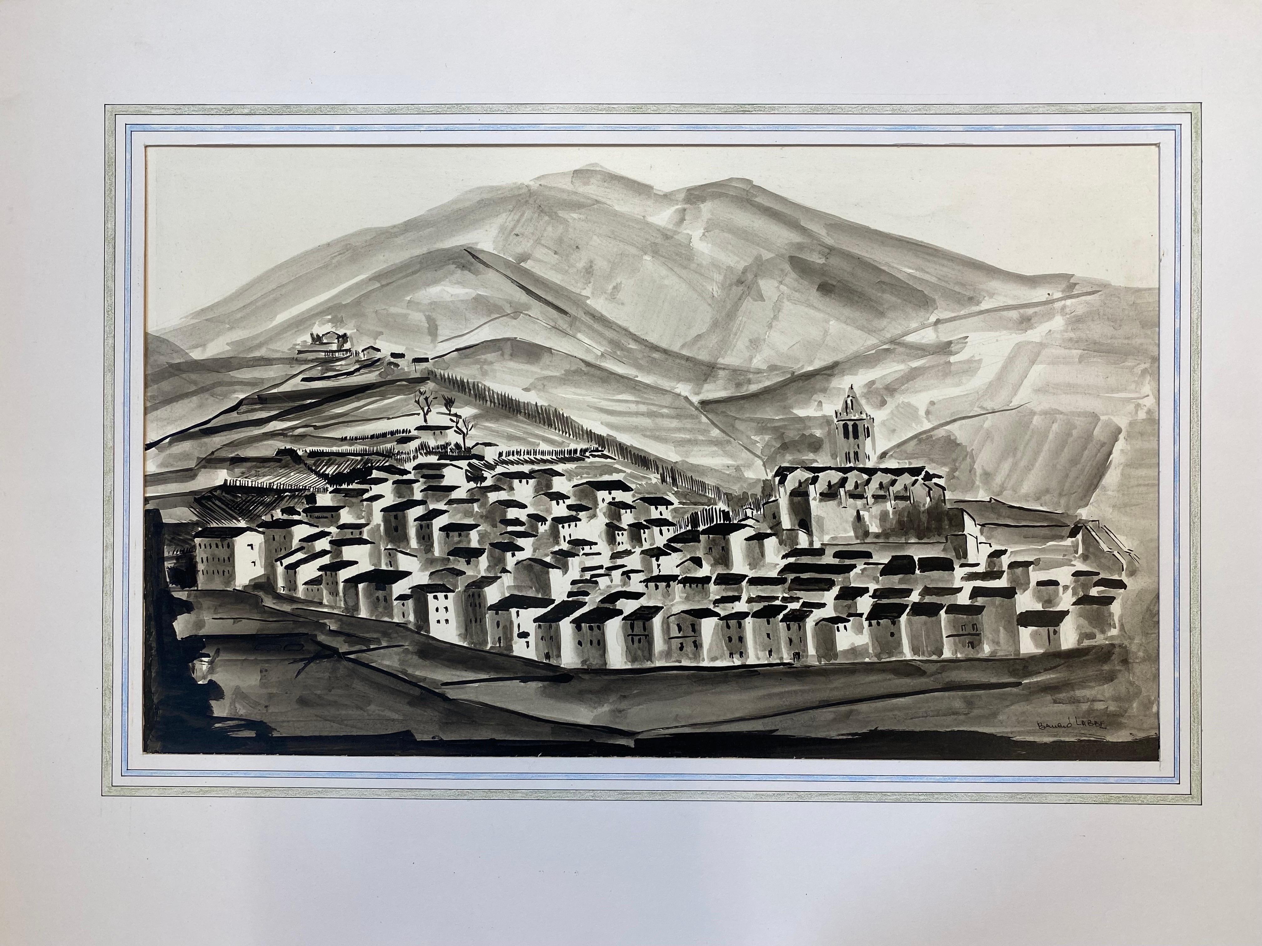 Peinture moderniste/cubiste française des années 1950 signée, paysage de village en noir et blanc - Painting de Unknown