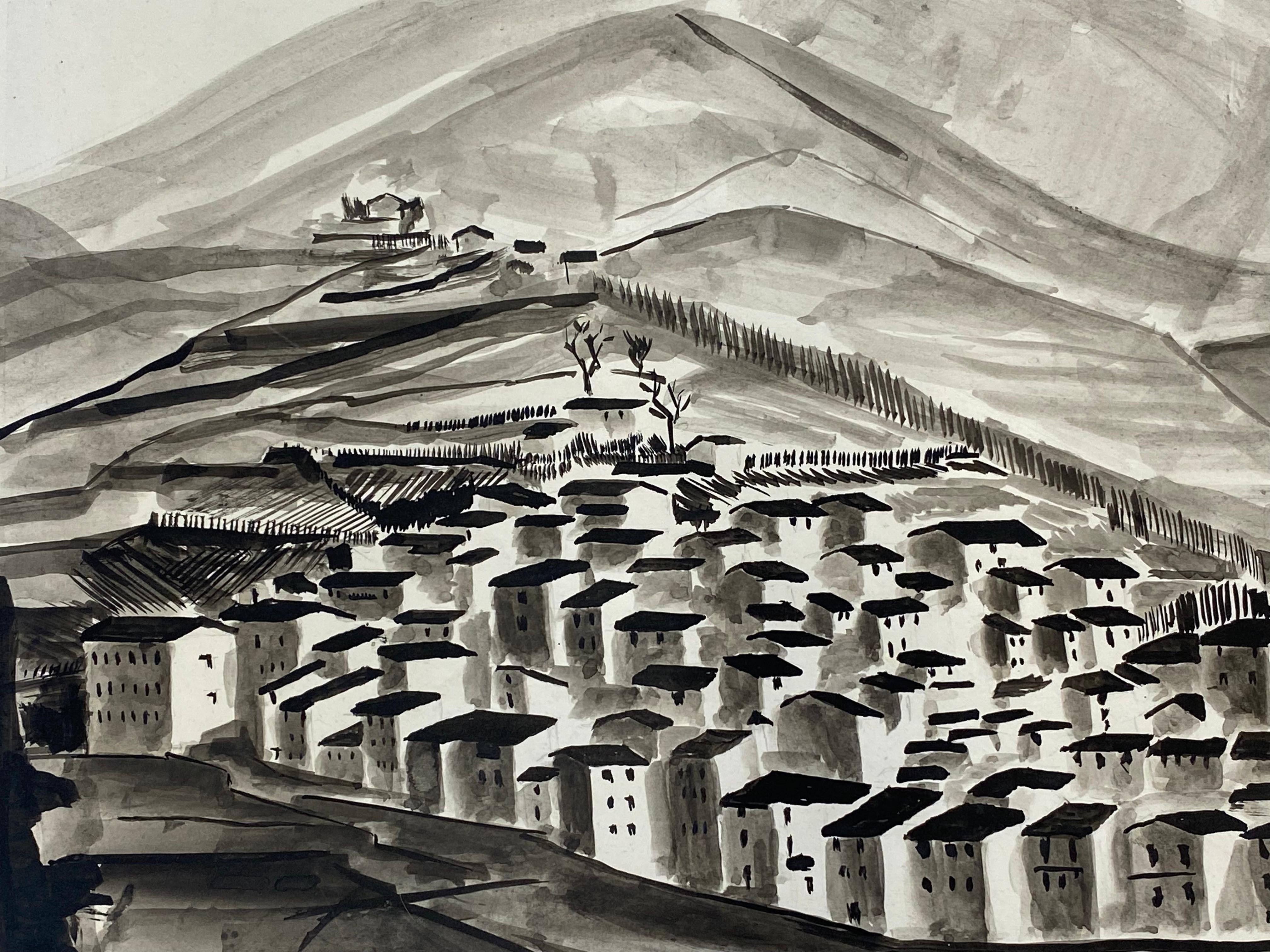 Peinture moderniste/cubiste française des années 1950 signée, paysage de village en noir et blanc - Gris Landscape Painting par Unknown