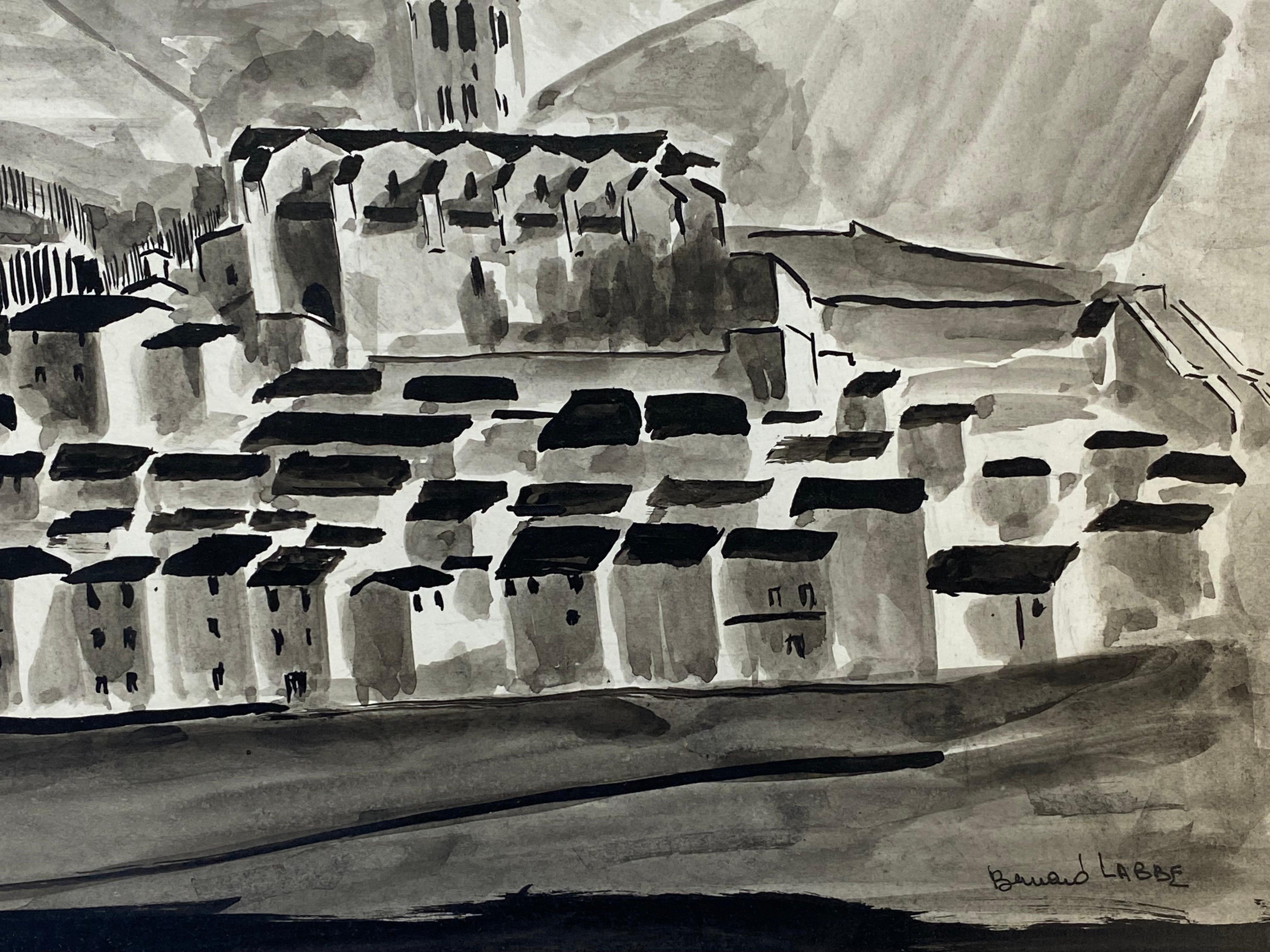 Peinture moderniste/cubiste française des années 1950 signée, paysage de village en noir et blanc en vente 1