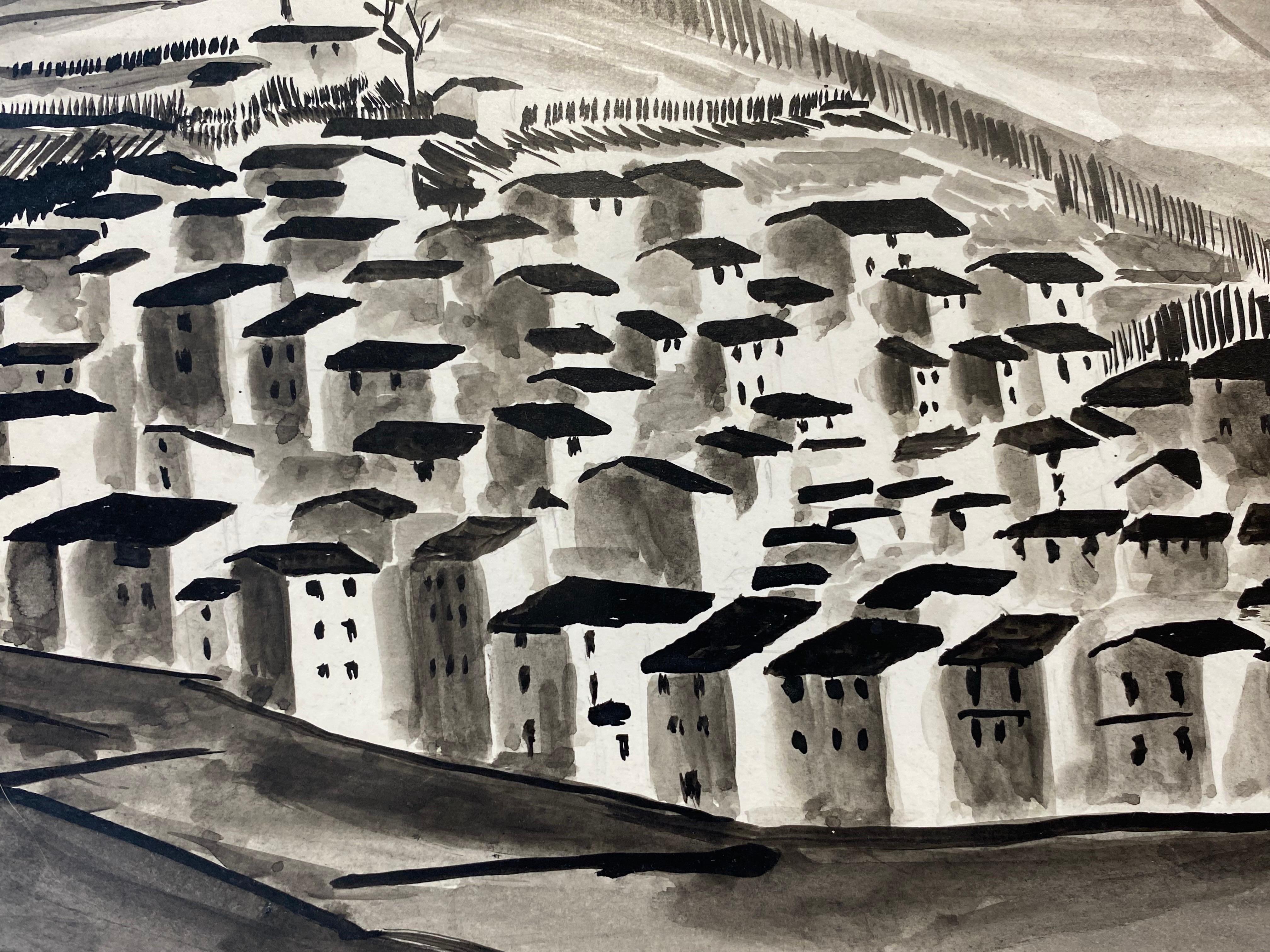 Peinture moderniste/cubiste française des années 1950 signée, paysage de village en noir et blanc en vente 3