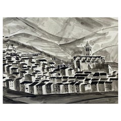 Peinture moderniste/cubiste française des années 1950 signée, paysage de village en noir et blanc