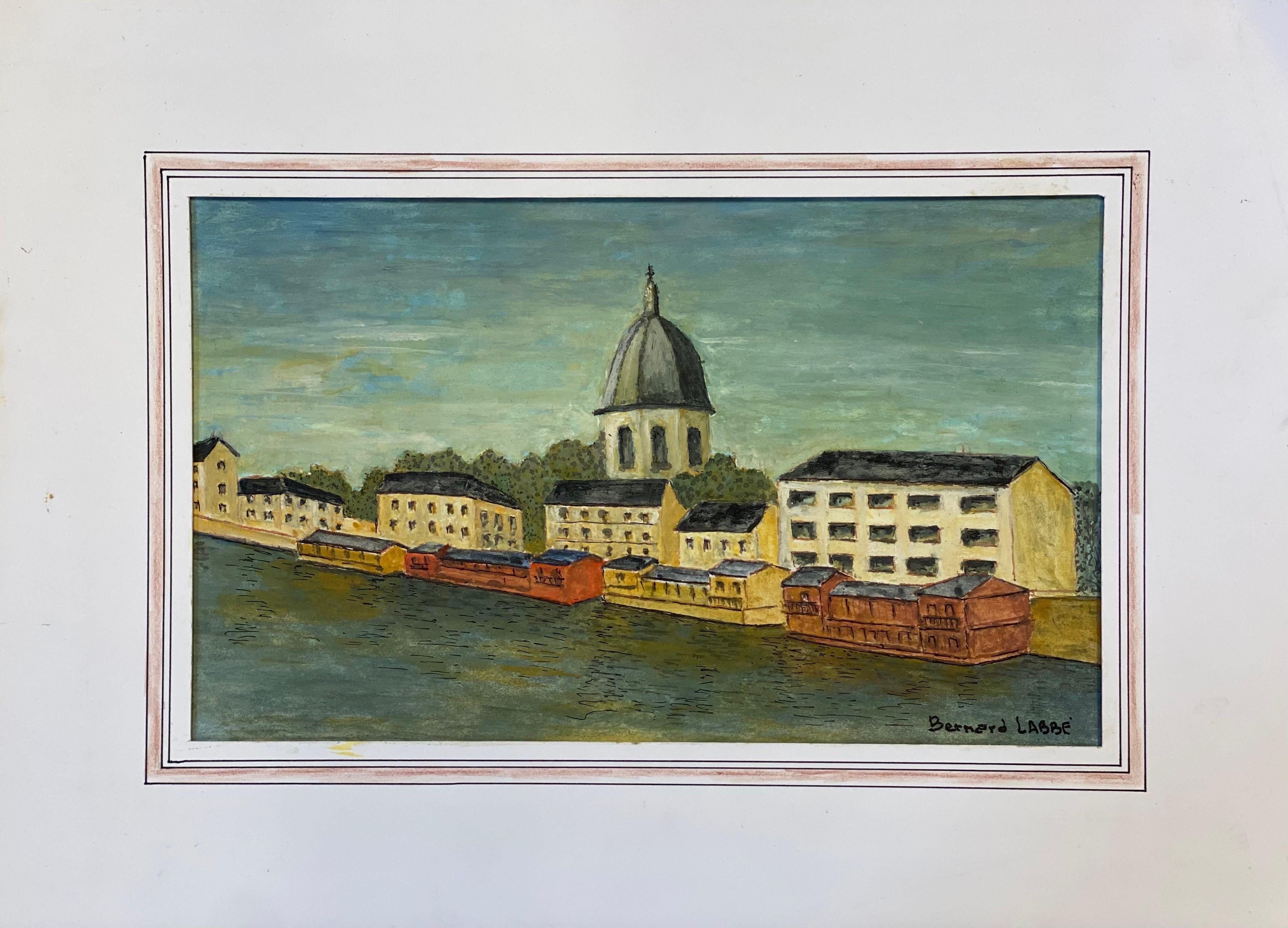 Peinture moderniste/ cubiste française des années 1950, paysage français par la rivière - Painting de Unknown