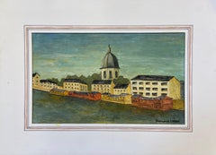 1950's French Modernist/ Cubist Signed Painting, French Landscape by the River