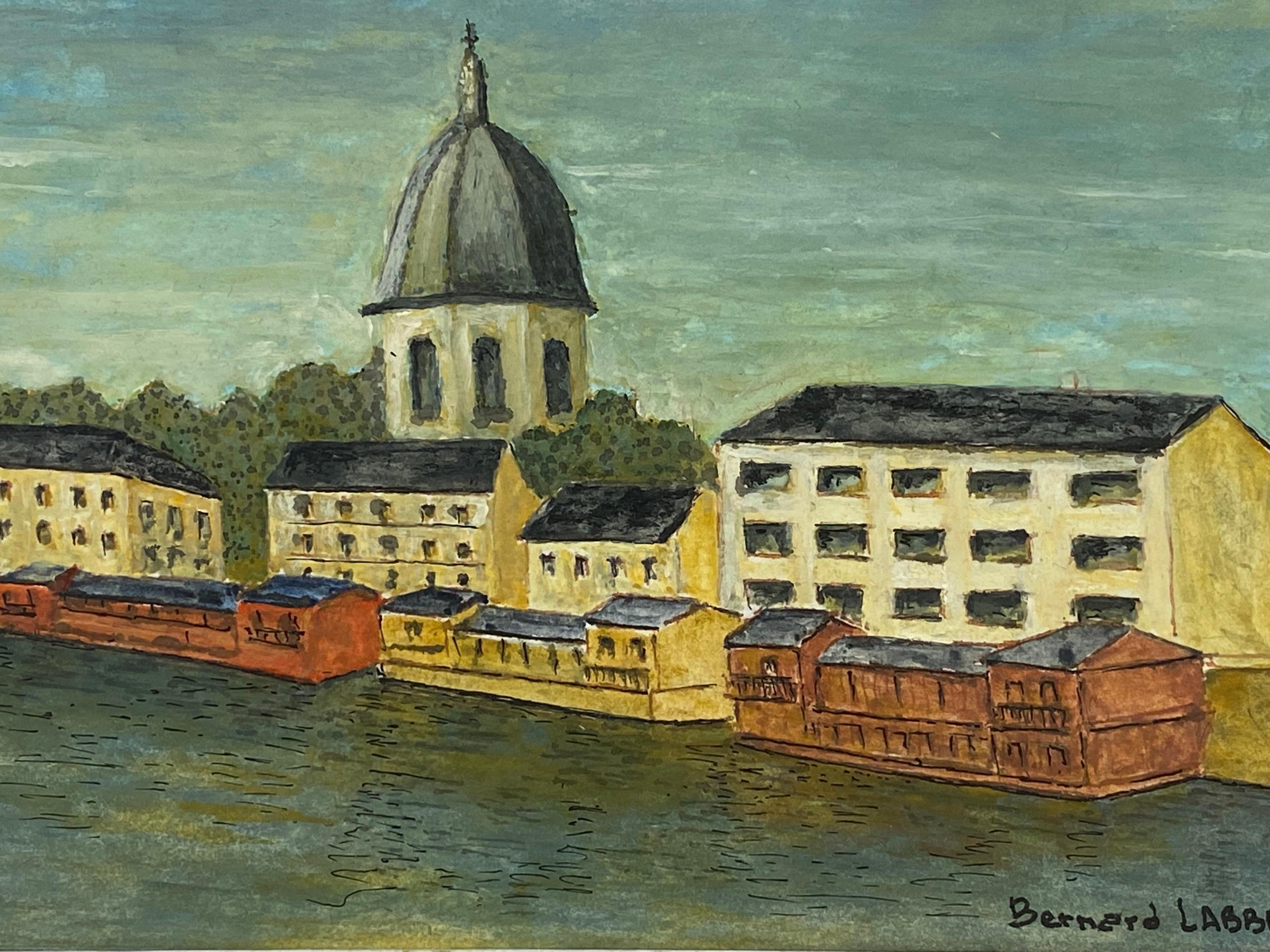 Peinture moderniste/ cubiste française des années 1950, paysage français par la rivière - Gris Landscape Painting par Unknown