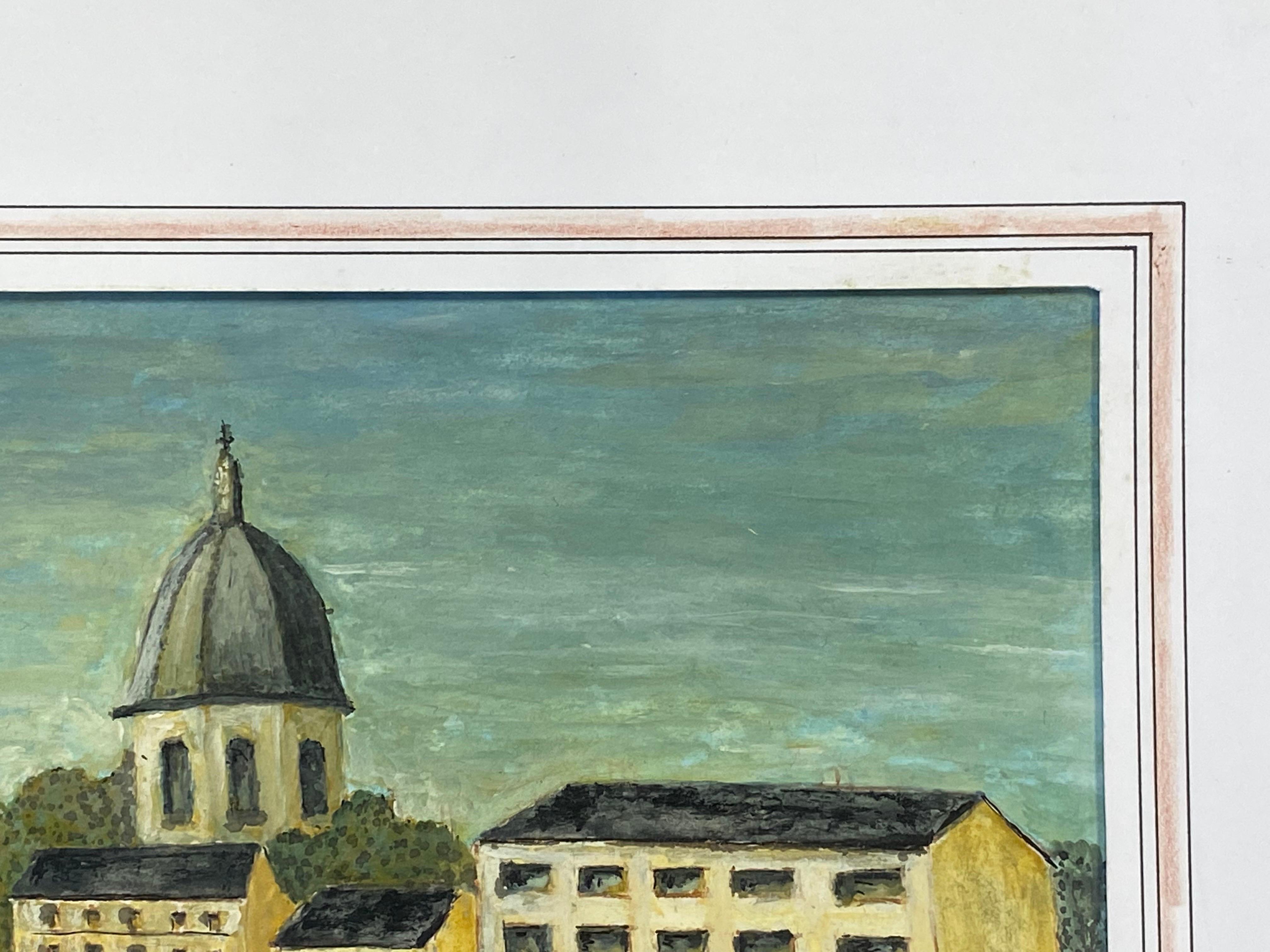 Peinture moderniste/ cubiste française des années 1950, paysage français par la rivière en vente 1