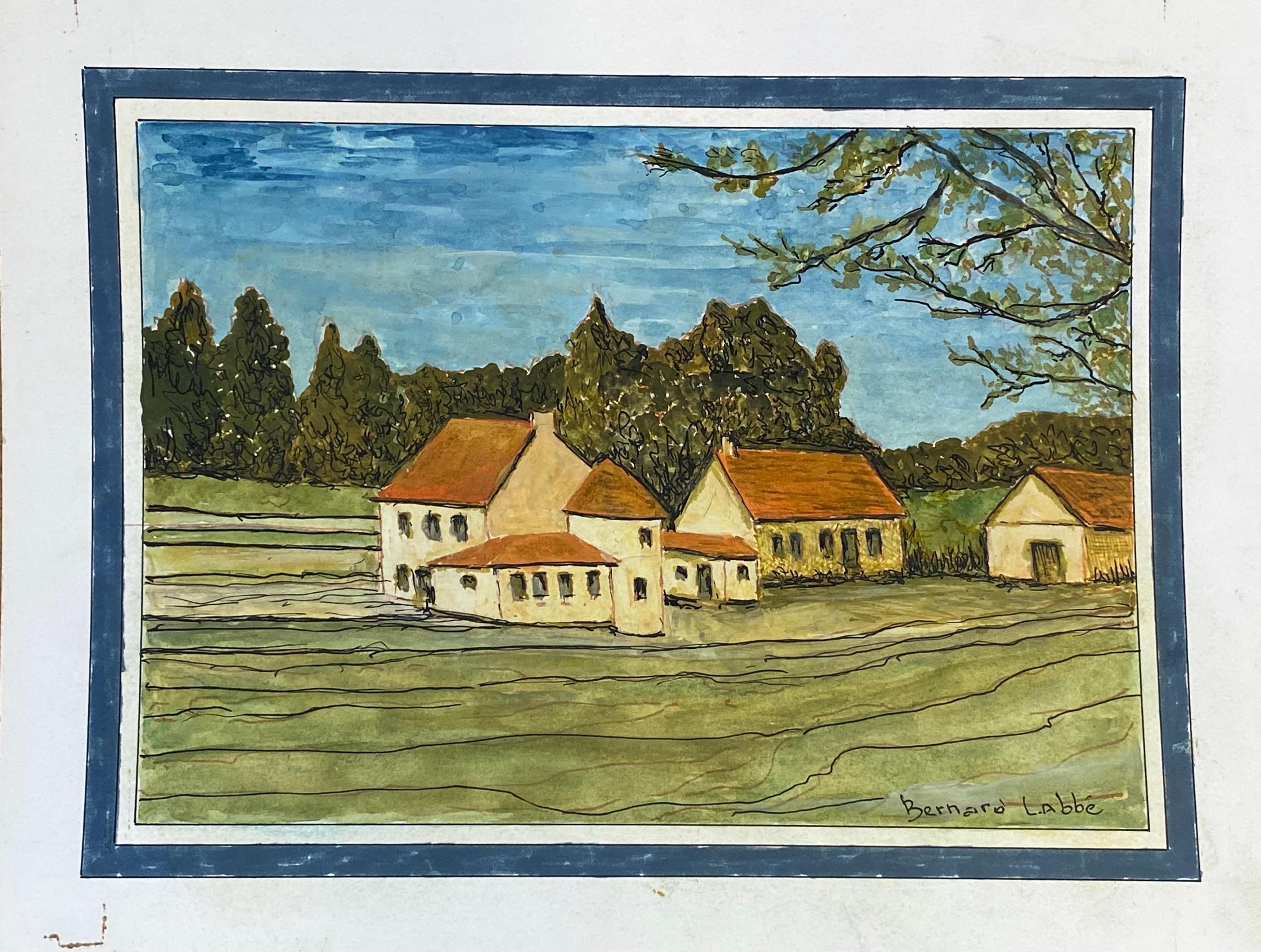 Peinture Moderniste/ Cubiste Française des années 50 signée - Paysage Français de Maisons - Painting de Unknown