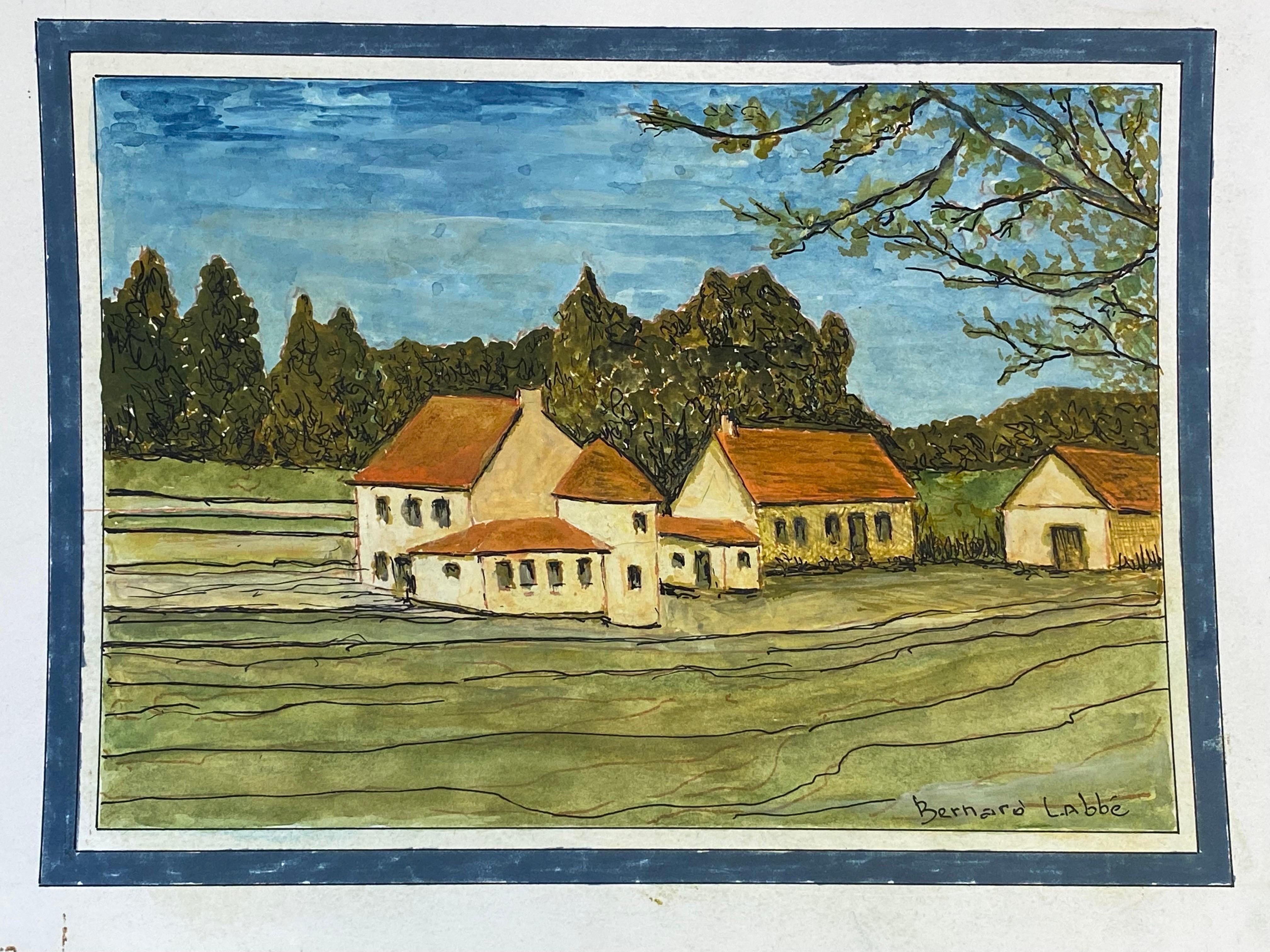 Peinture Moderniste/ Cubiste Française des années 50 signée - Paysage Français de Maisons - Gris Landscape Painting par Unknown