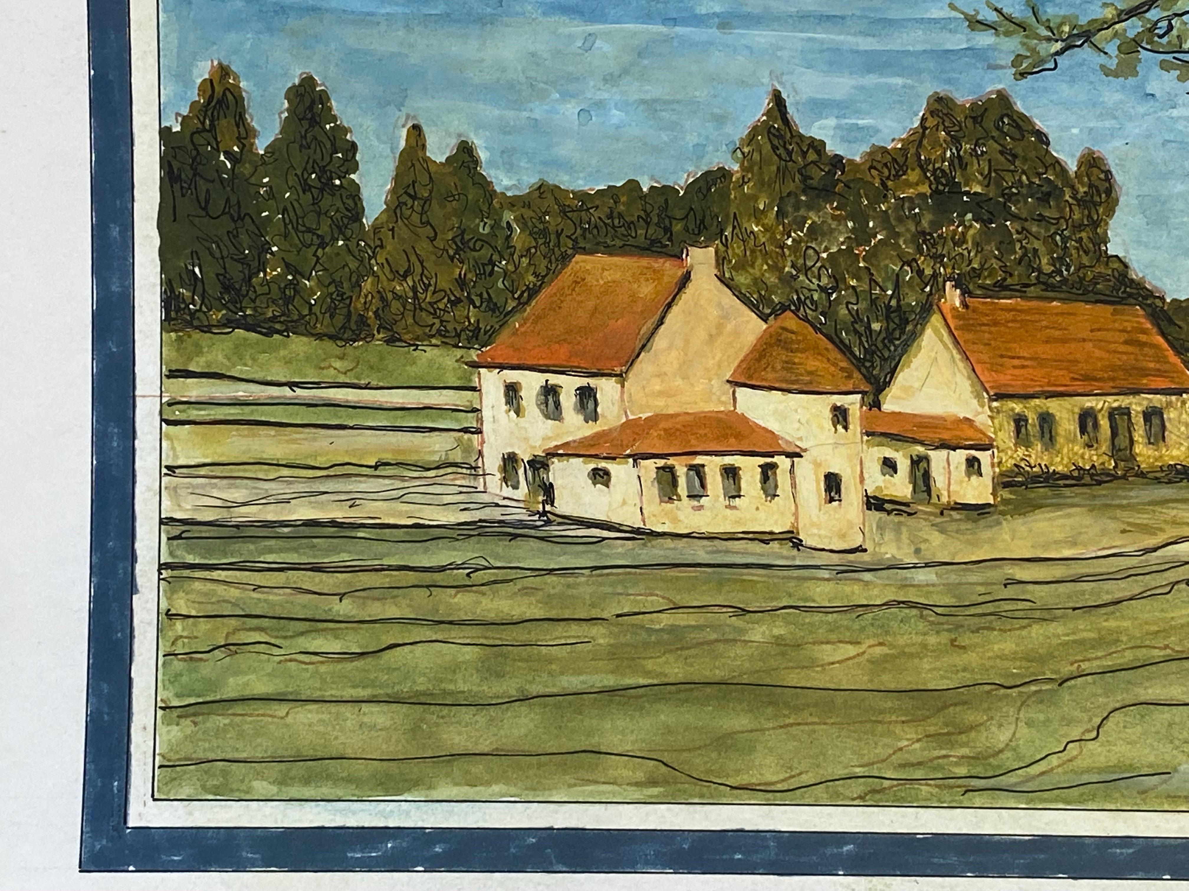 Peinture Moderniste/ Cubiste Française des années 50 signée - Paysage Français de Maisons en vente 1