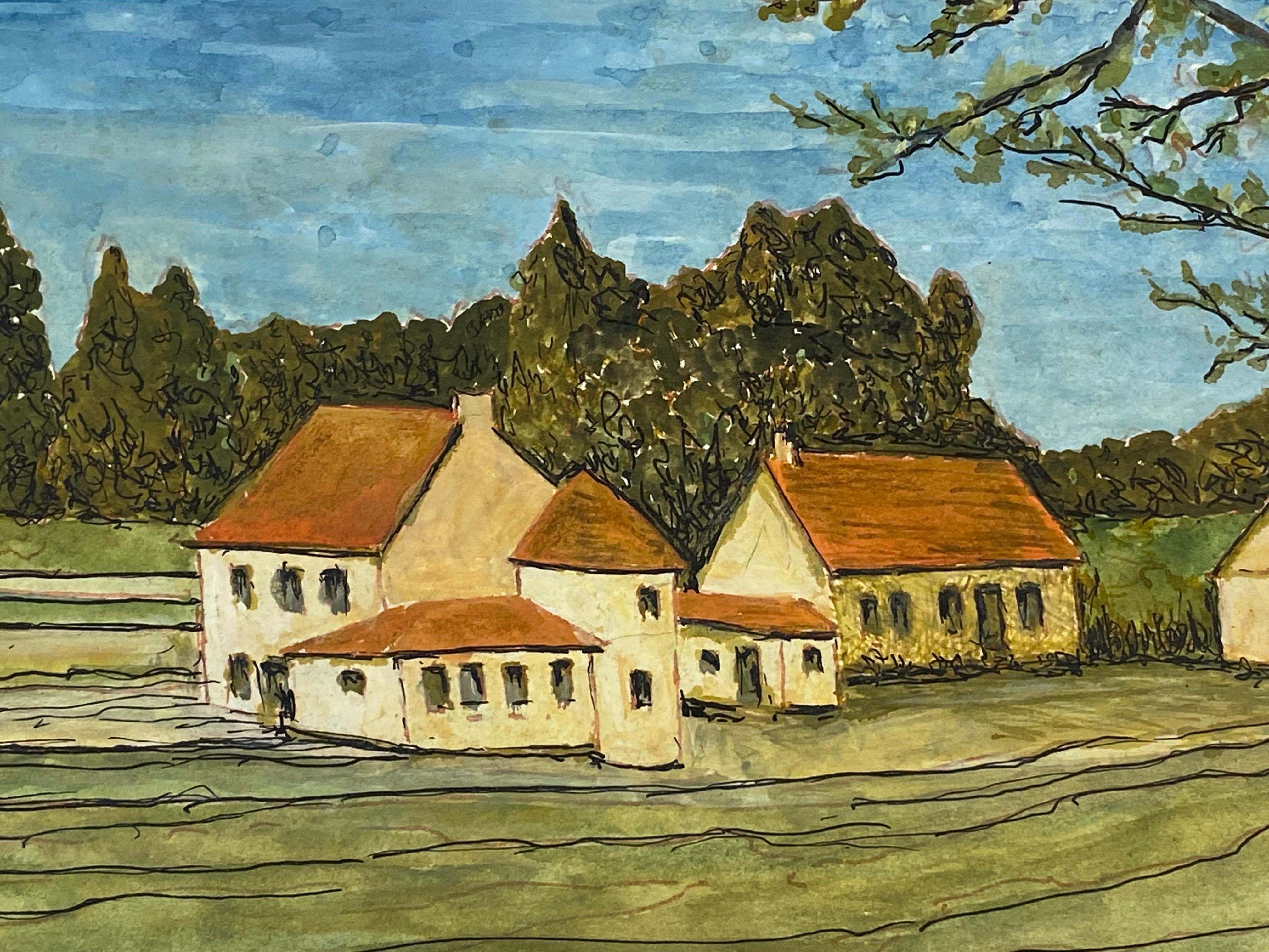 Peinture Moderniste/ Cubiste Française des années 50 signée - Paysage Français de Maisons en vente 2