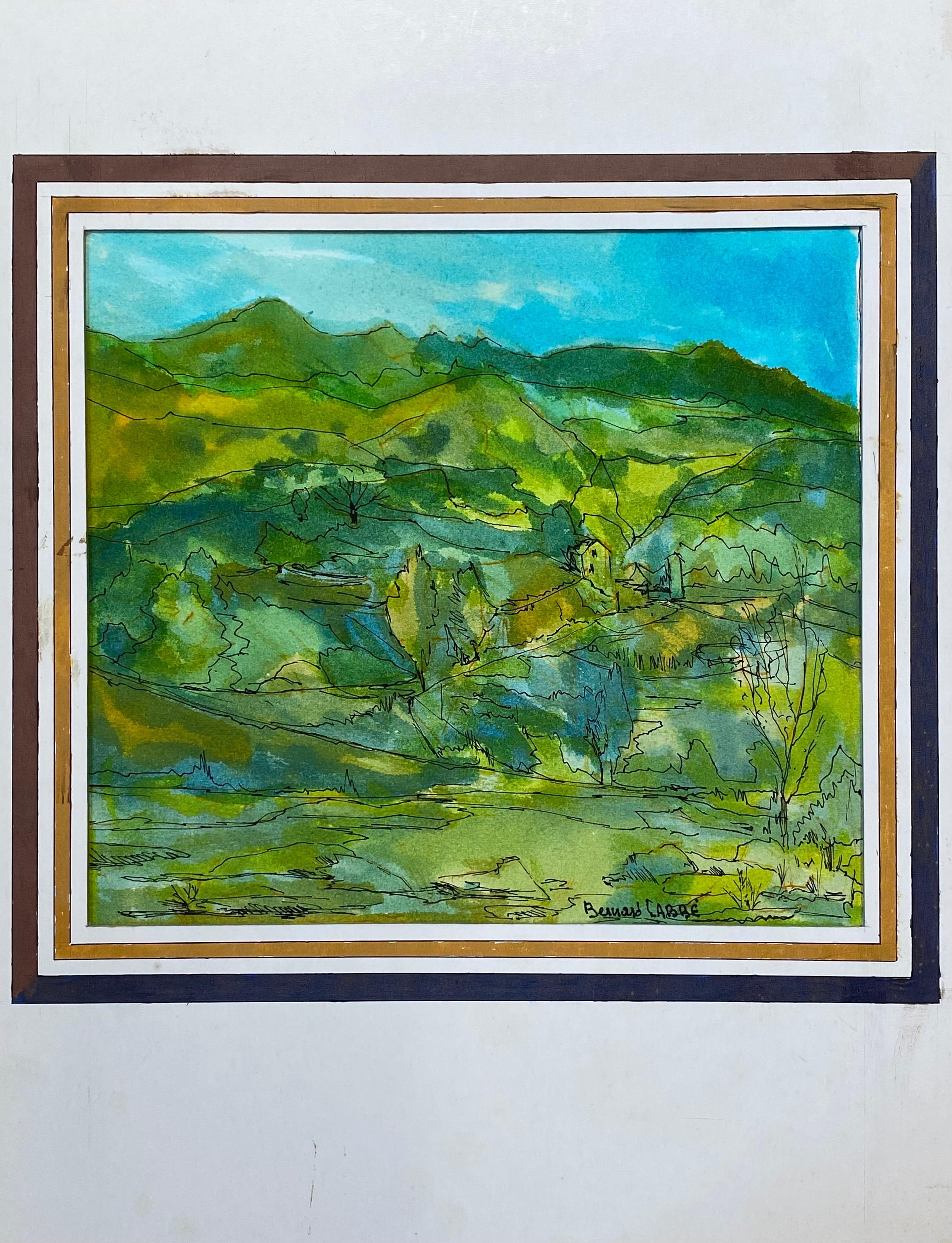 1950's Pintura Modernista/Cubista Francesa Firmada, Paisaje Verde y Azul - Painting de Unknown