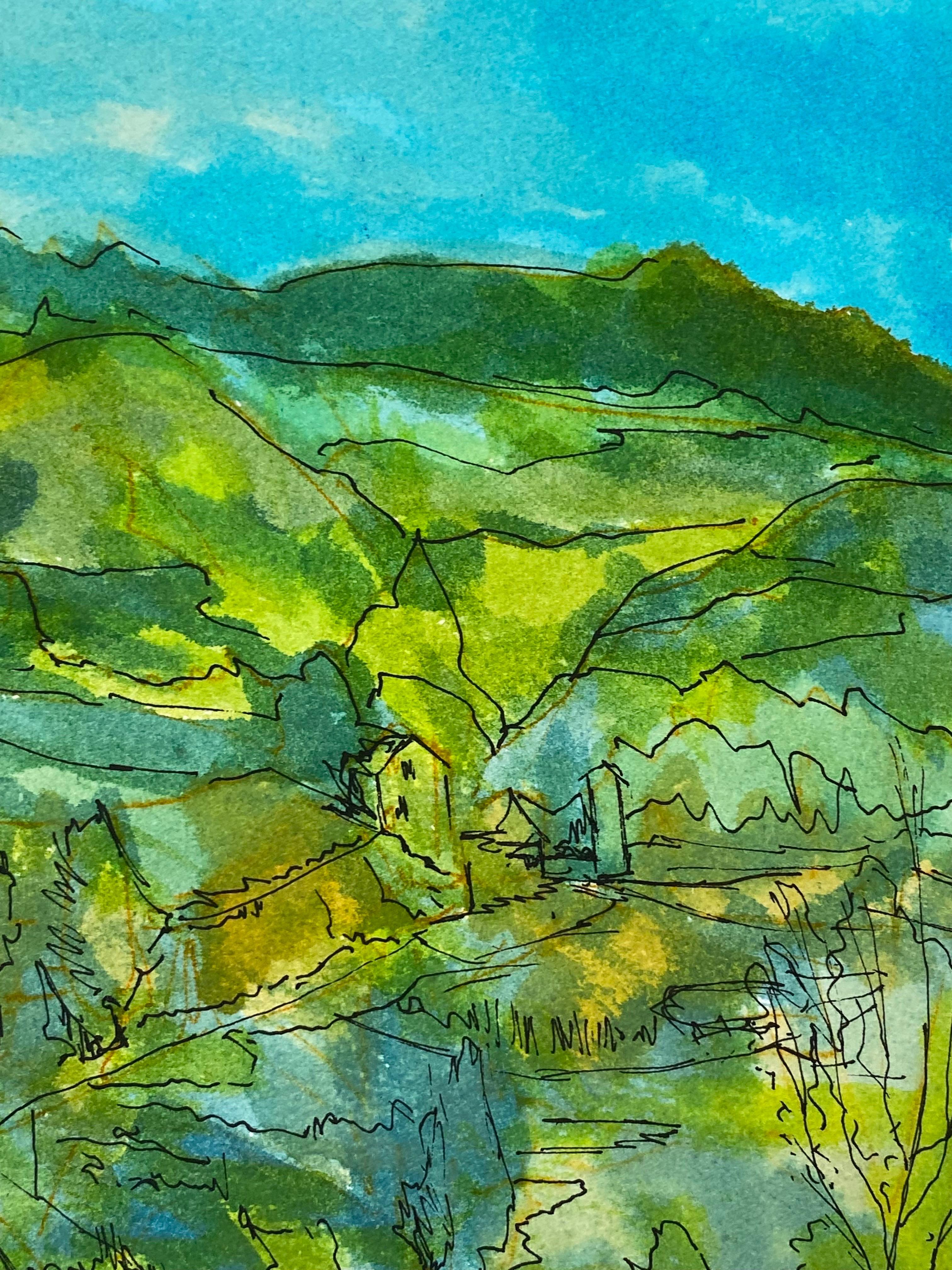 1950's Pintura Modernista/Cubista Francesa Firmada, Paisaje Verde y Azul en venta 3