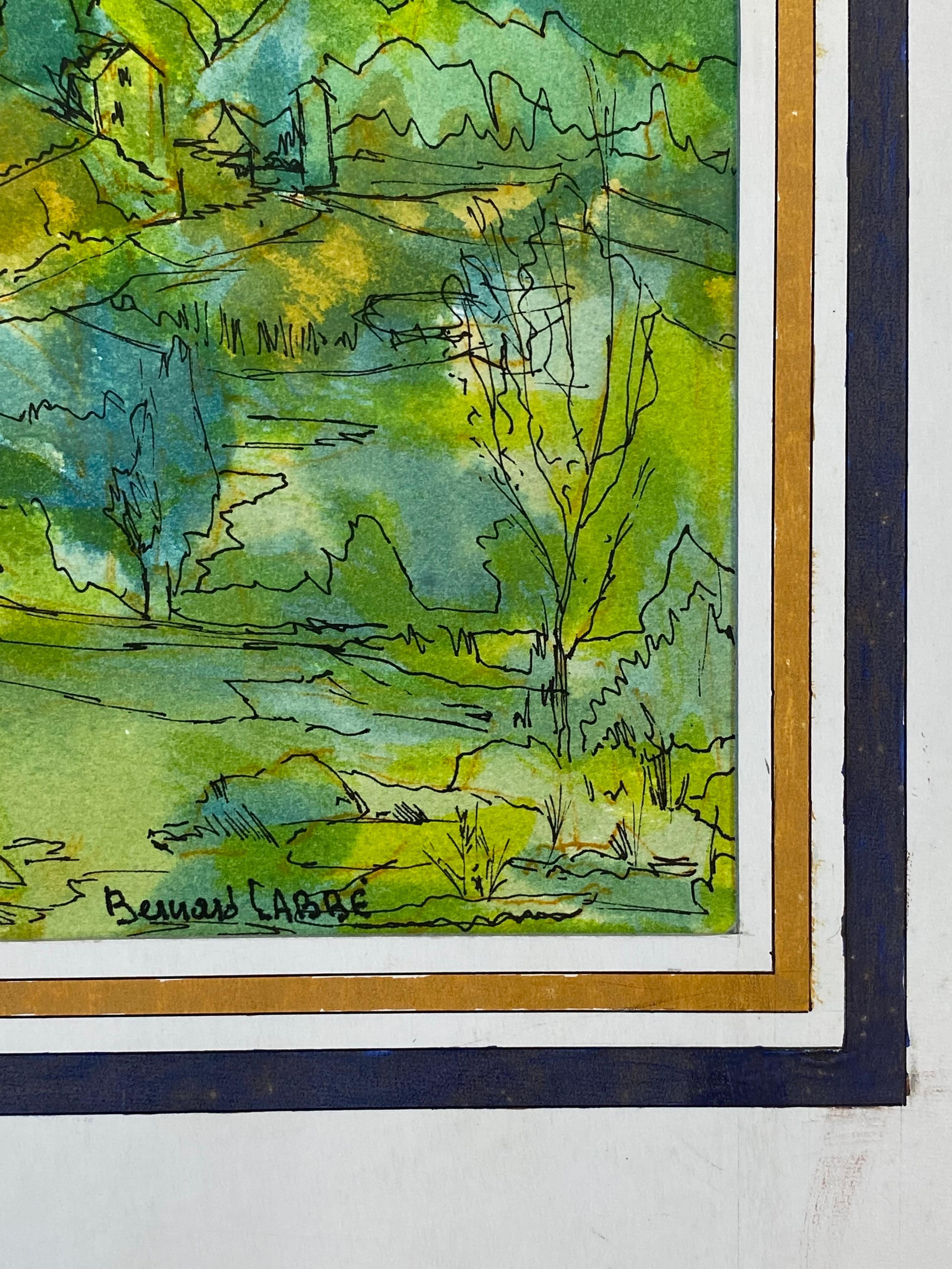 1950's Pintura Modernista/Cubista Francesa Firmada, Paisaje Verde y Azul en venta 5