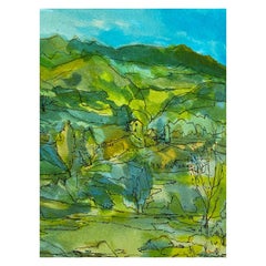 Peinture moderniste/cubiste française des années 1950 signée, paysage vert et bleu