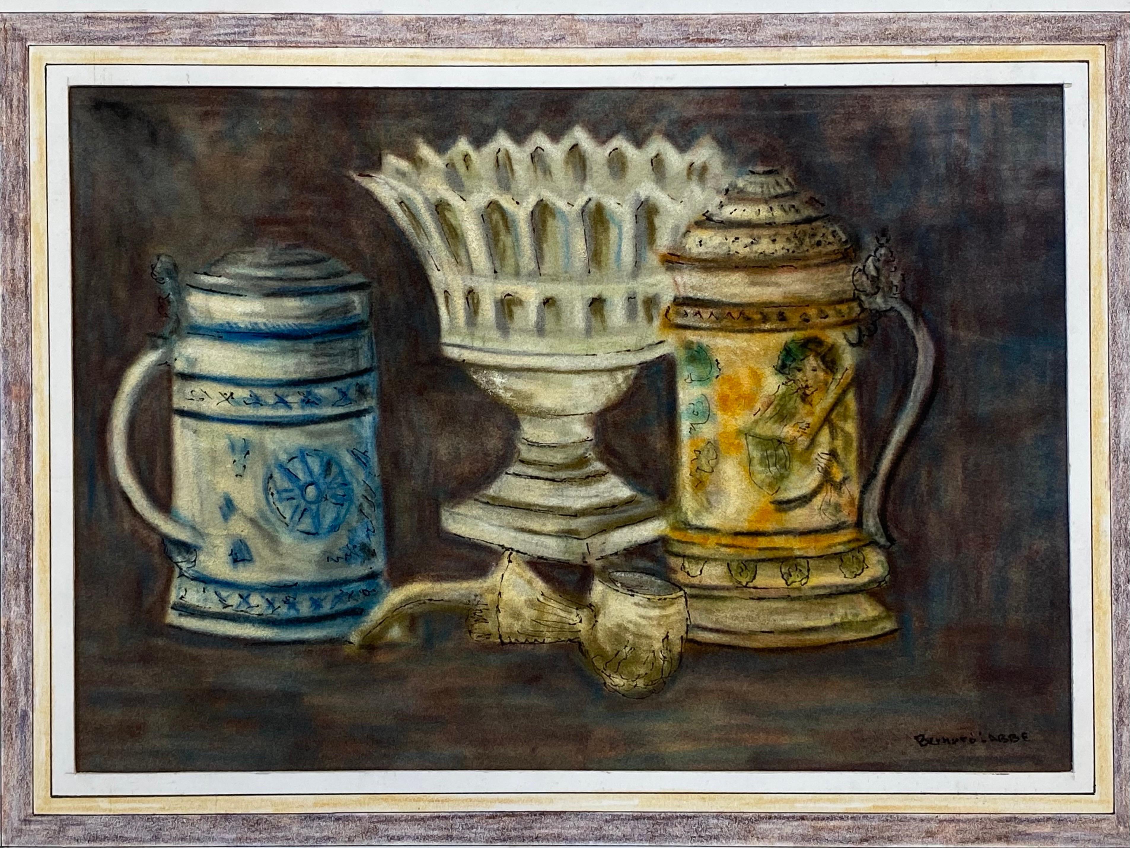 1950's French Modernist/ Cubist Signed Painting, Interior Table Objects (Schwarz), Still-Life Painting, von Unknown