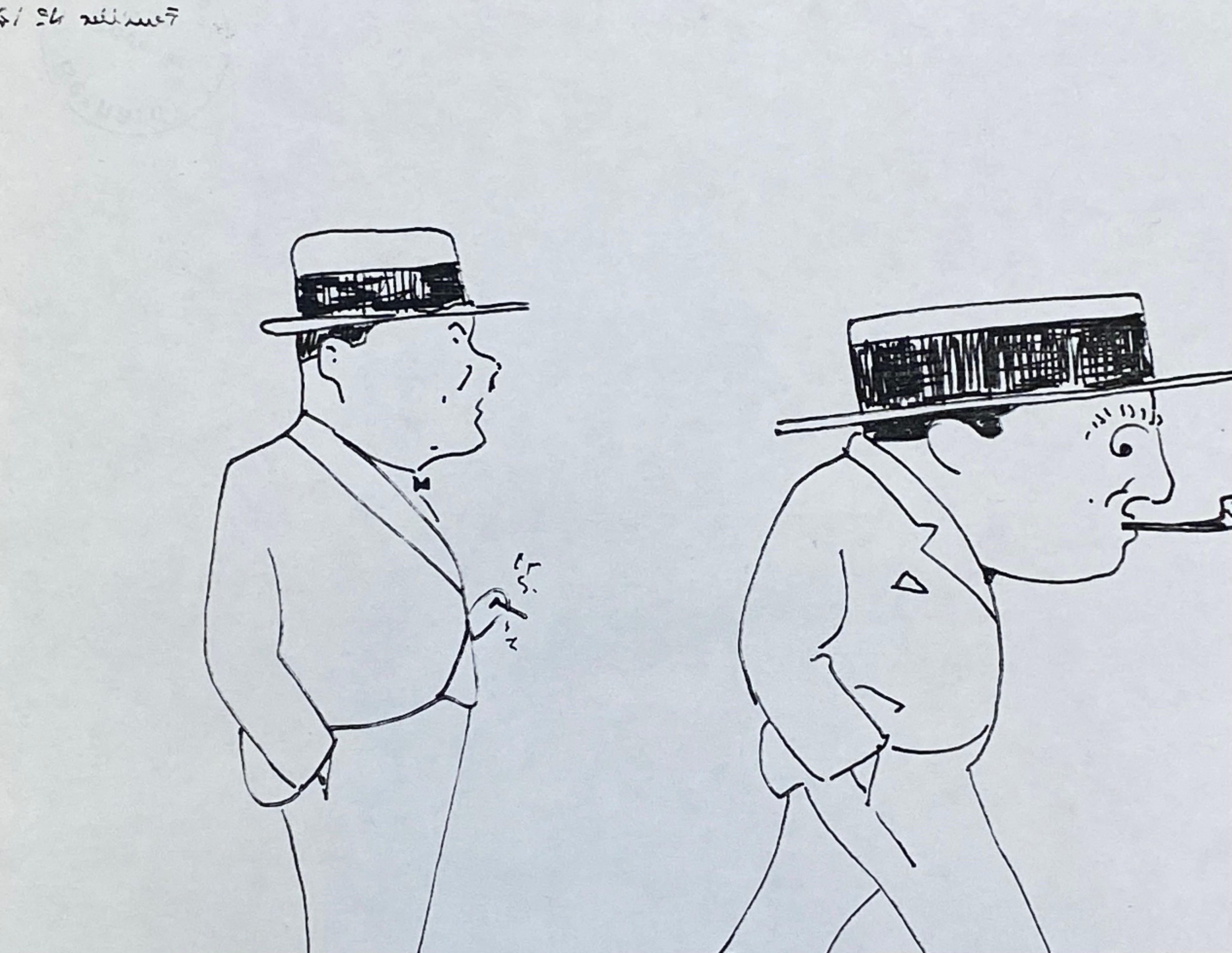 1950's French Modernist/ Cubist Signed Painting, Three Men Smoking Illustration For Sale 1