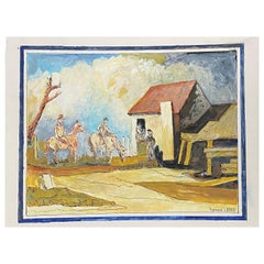 Peinture moderniste française des années 1950 signée, personnages à cheval dans un village