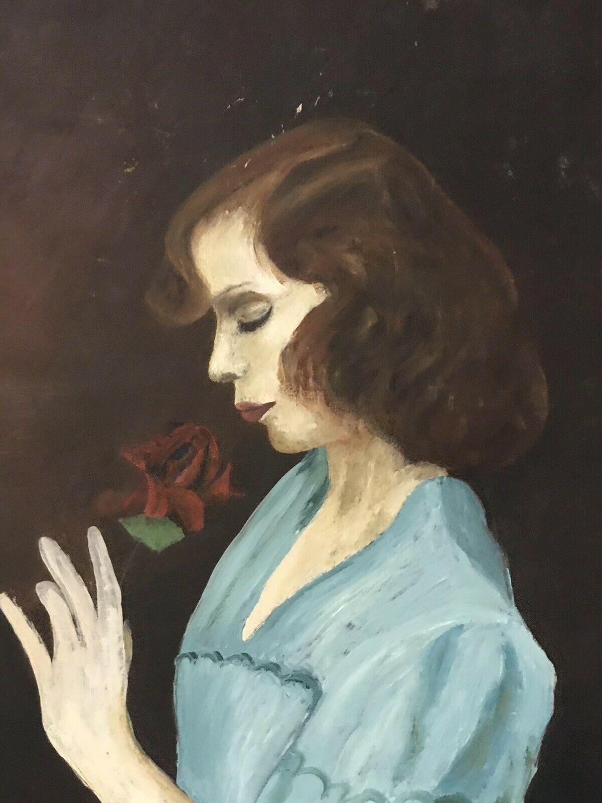 1950's FRENCH PORTRAIT OF YOUNG LADY SMELLING A RED ROSE - OIL ON PANEL - Victorian Painting by Unknown