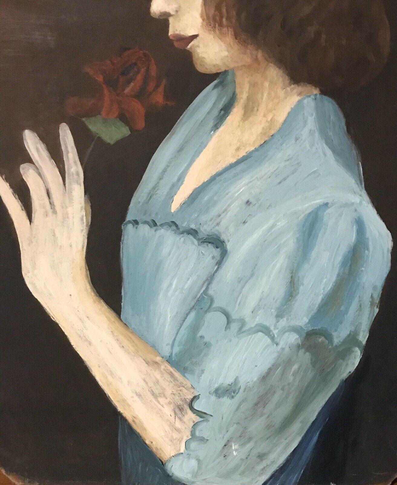 1950's FRENCH PORTRAIT OF YOUNG LADY SMELLING A RED ROSE - OIL ON PANEL - Black Abstract Painting by Unknown