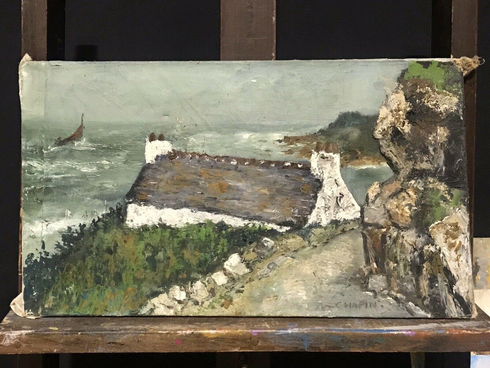1950'S FRENCH POST-IMPRESSIONIST SIGNED OIL - BRITTANY COTTAGE NEXT TO SEA - Painting by Unknown