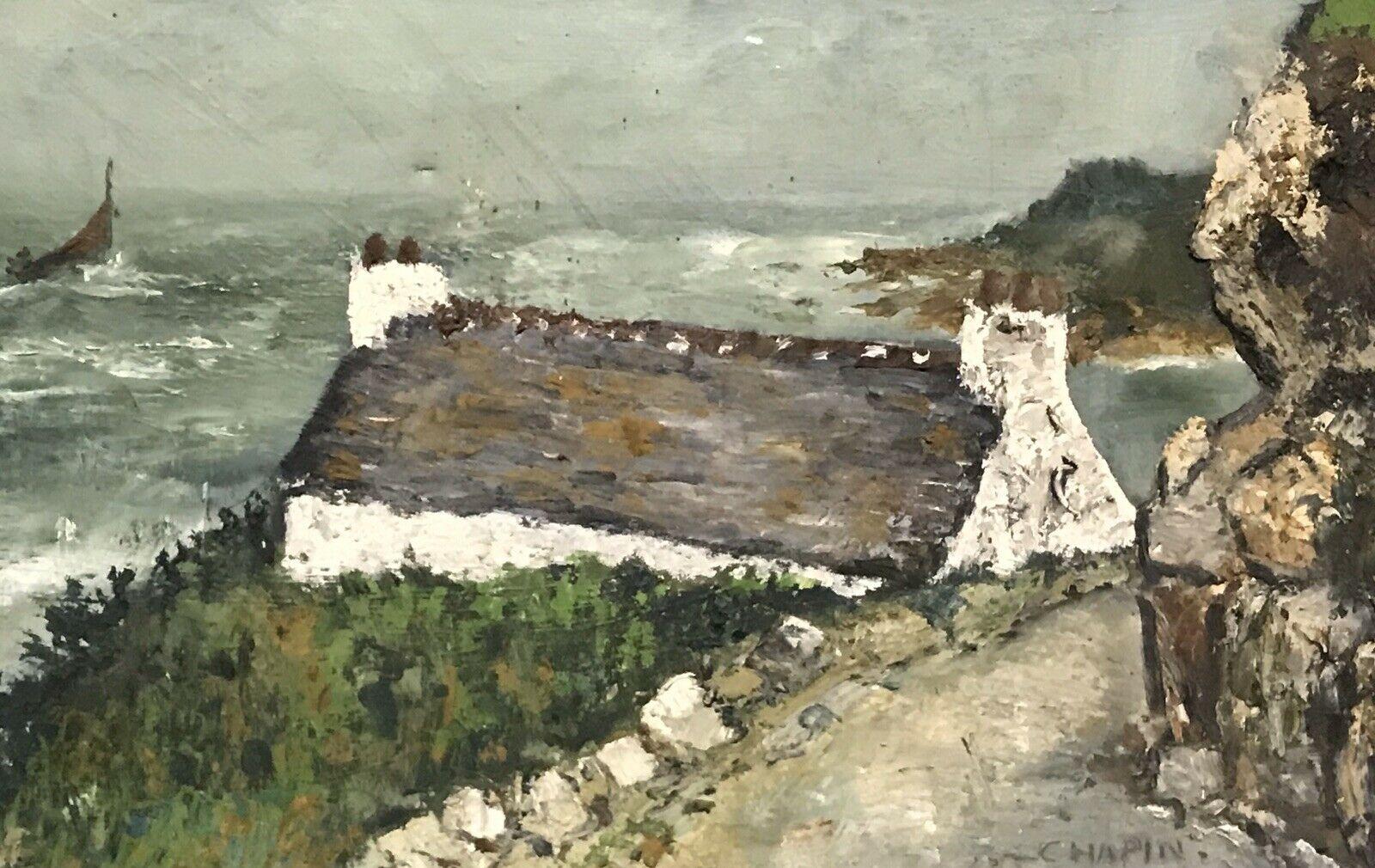 Unknown Landscape Painting - 1950'S FRENCH POST-IMPRESSIONIST SIGNED OIL - BRITTANY COTTAGE NEXT TO SEA