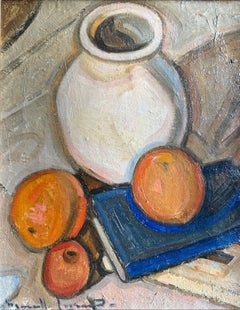 1950's FRENCH SCHOOL SIGNED OIL - STILL LIFE ORANGES BOOK & VASE- FRAMED