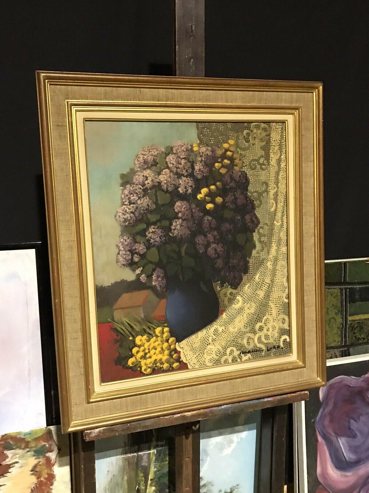 1950'S FRENCH SIGNED FRENCH MODERNIST OIL - LILAC FLOWERS AGAINST LACE LANDSCAPE - Painting by Unknown