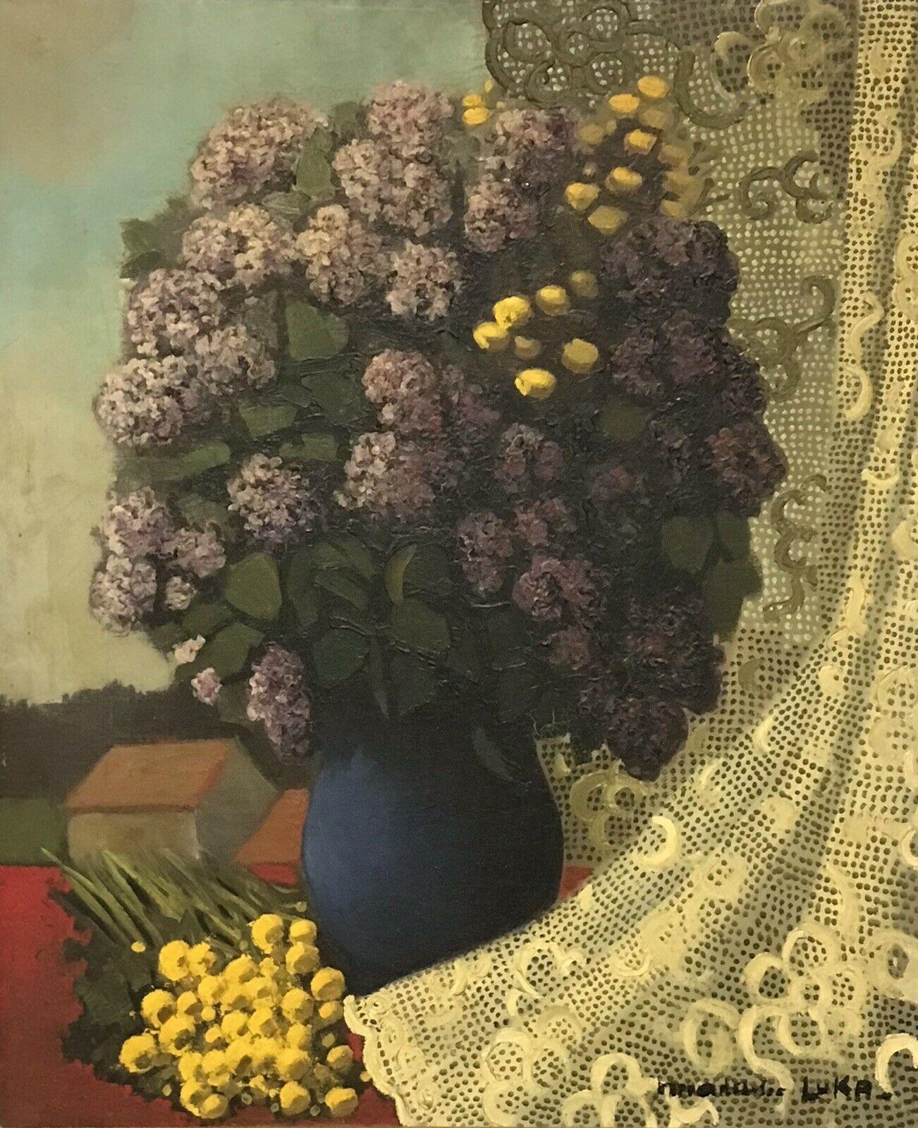 1950'S FRENCH SIGNED FRENCH MODERNIST OIL - LILAC FLOWERS AGAINST LACE LANDSCAPE - Impressionist Painting by Unknown