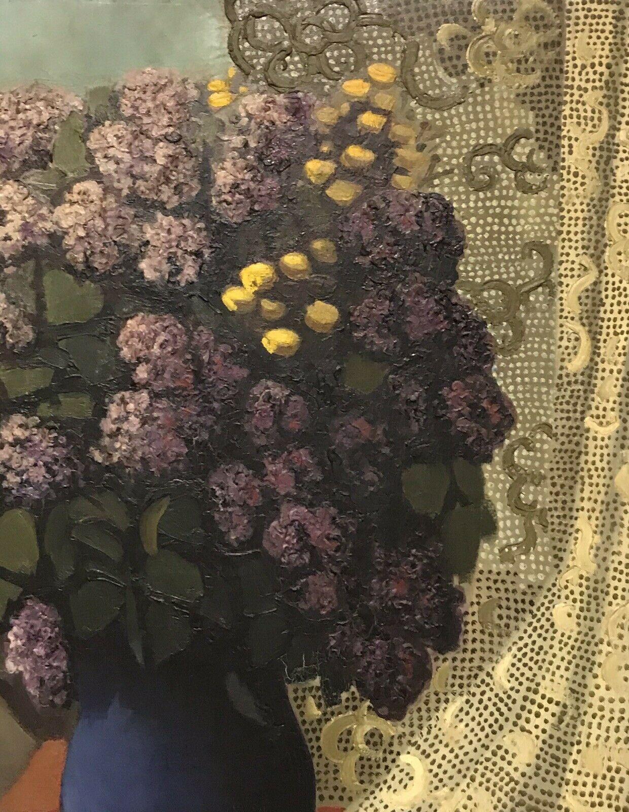 1950'S FRENCH SIGNED FRENCH MODERNIST OIL - LILAC FLOWERS AGAINST LACE LANDSCAPE - Brown Interior Painting by Unknown