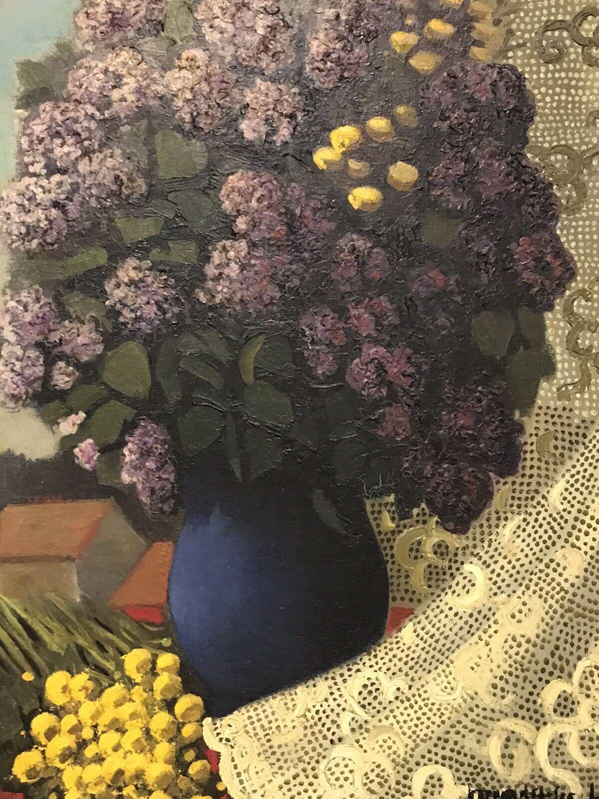Artist/ School: French School, signed lower right, labelled verso

Title: Lilac Flowers, titled to label verso

Medium: oil painting on canvas, framed

Size:  frame:     33 x 29 inches
         painting:  25.5 x 21 inches

Provenance: private