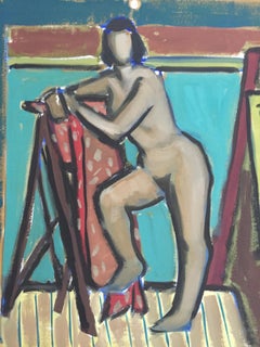 1950s "Leaning" Figurative Gouache Painting