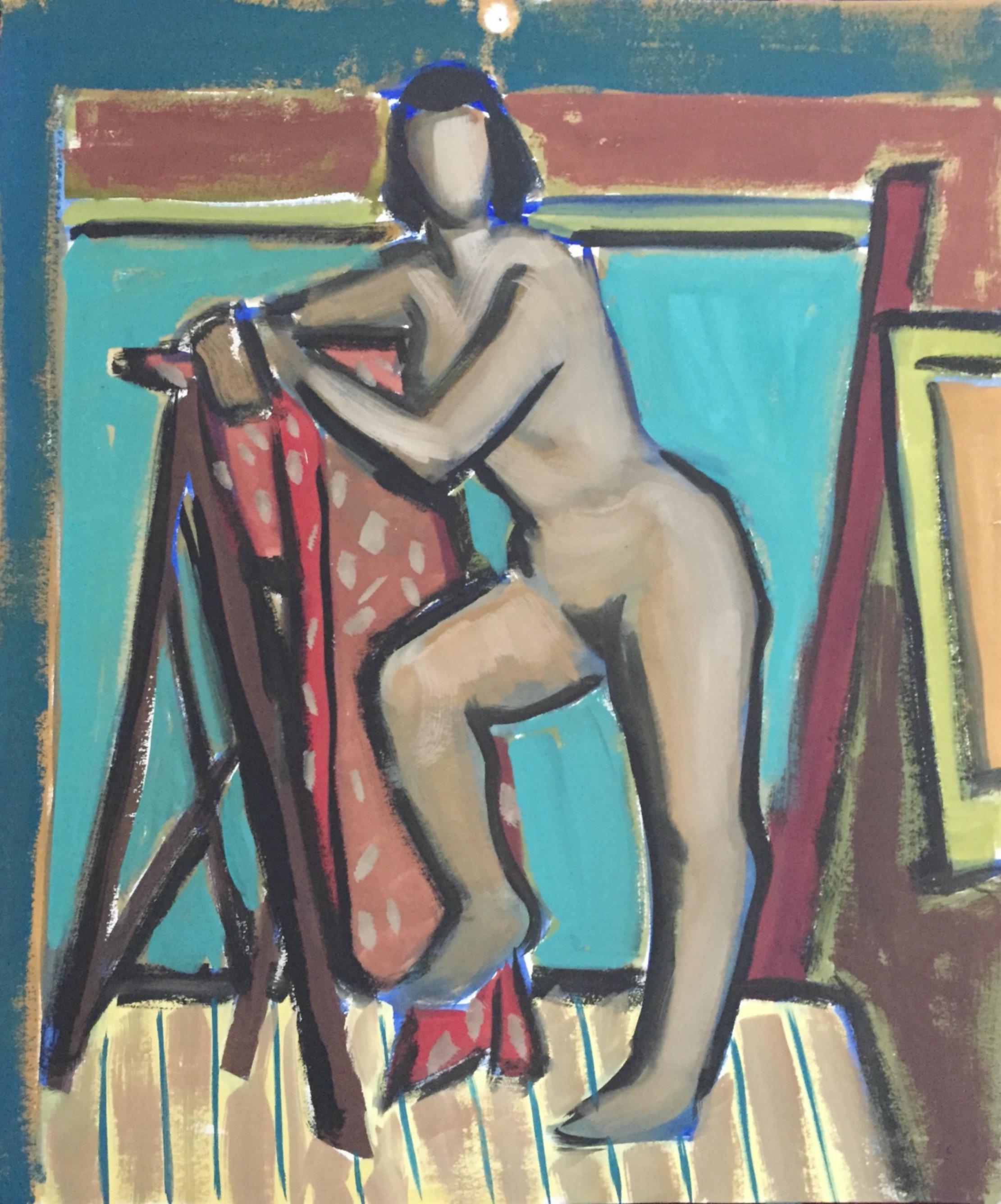 Unknown Nude Painting - 1950s "Leaning" Figurative Gouache Painting