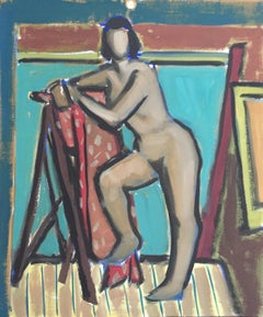 1950s "Leaning" Figurative Gouache Painting