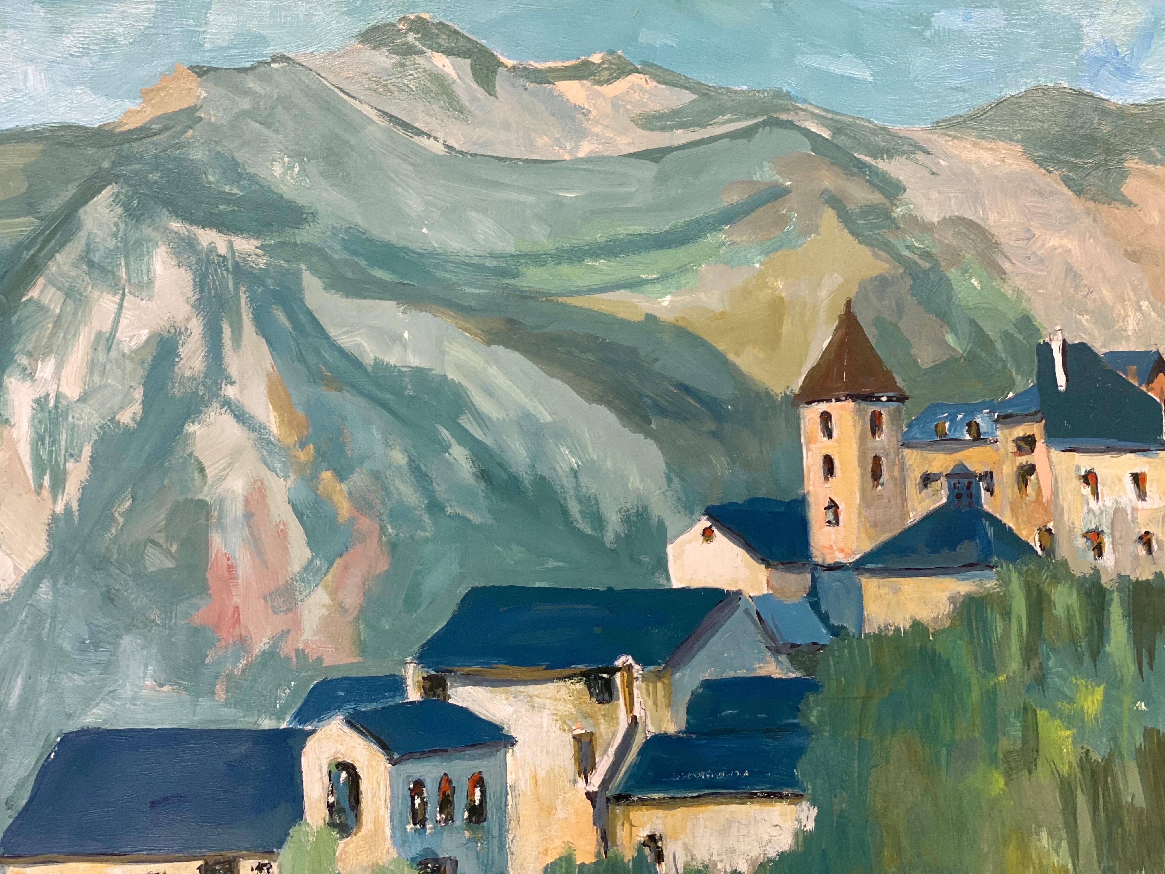 1950's Modernist Painting, Beautiful & Bright Colour French Oil Landscape - Blue Landscape Painting by Unknown