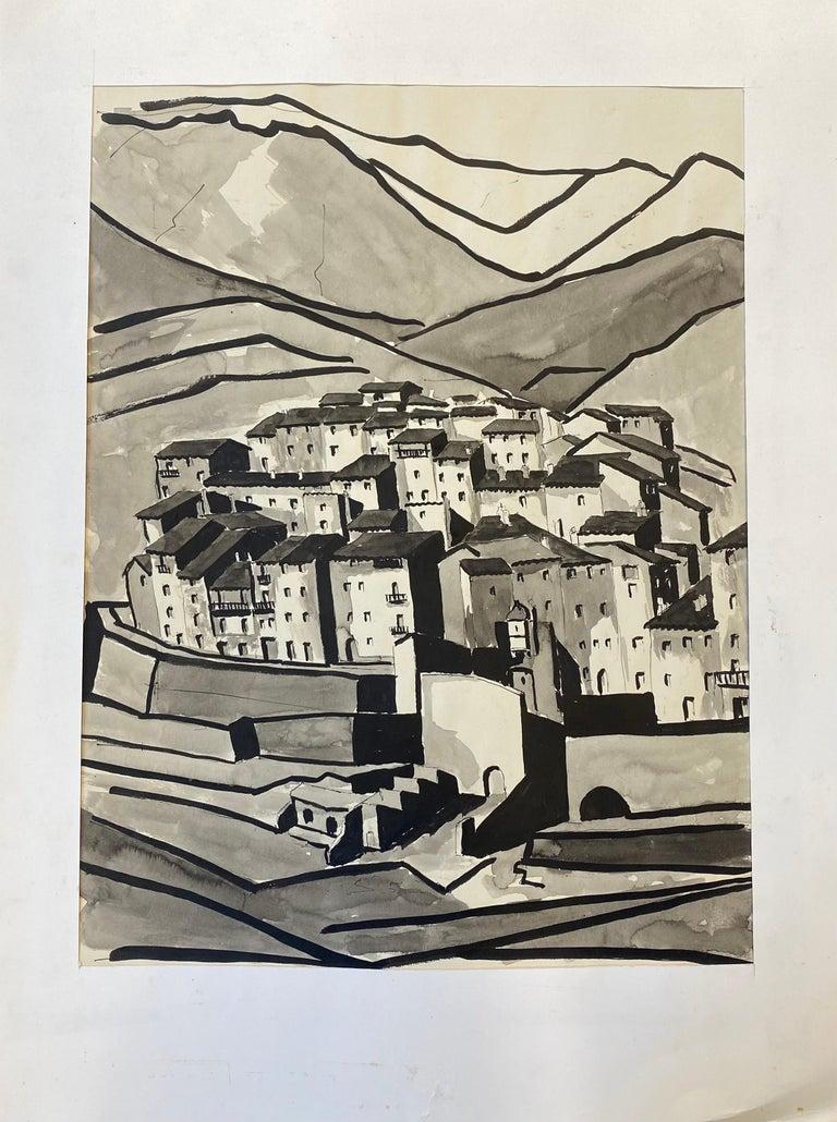 Peinture moderniste des années 1950, paysage urbain en noir et blanc - Painting de Unknown