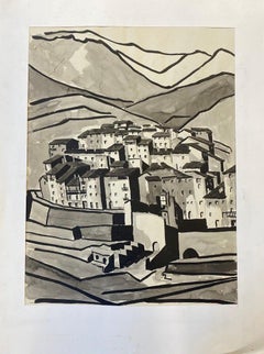 Pittura modernista degli anni '50, paesaggio urbano in bianco e nero