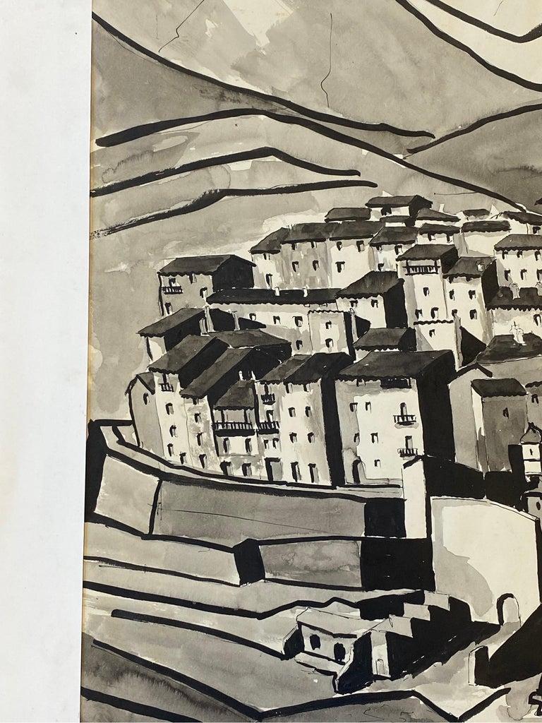Peinture moderniste des années 1950, paysage urbain en noir et blanc - Beige Landscape Painting par Unknown