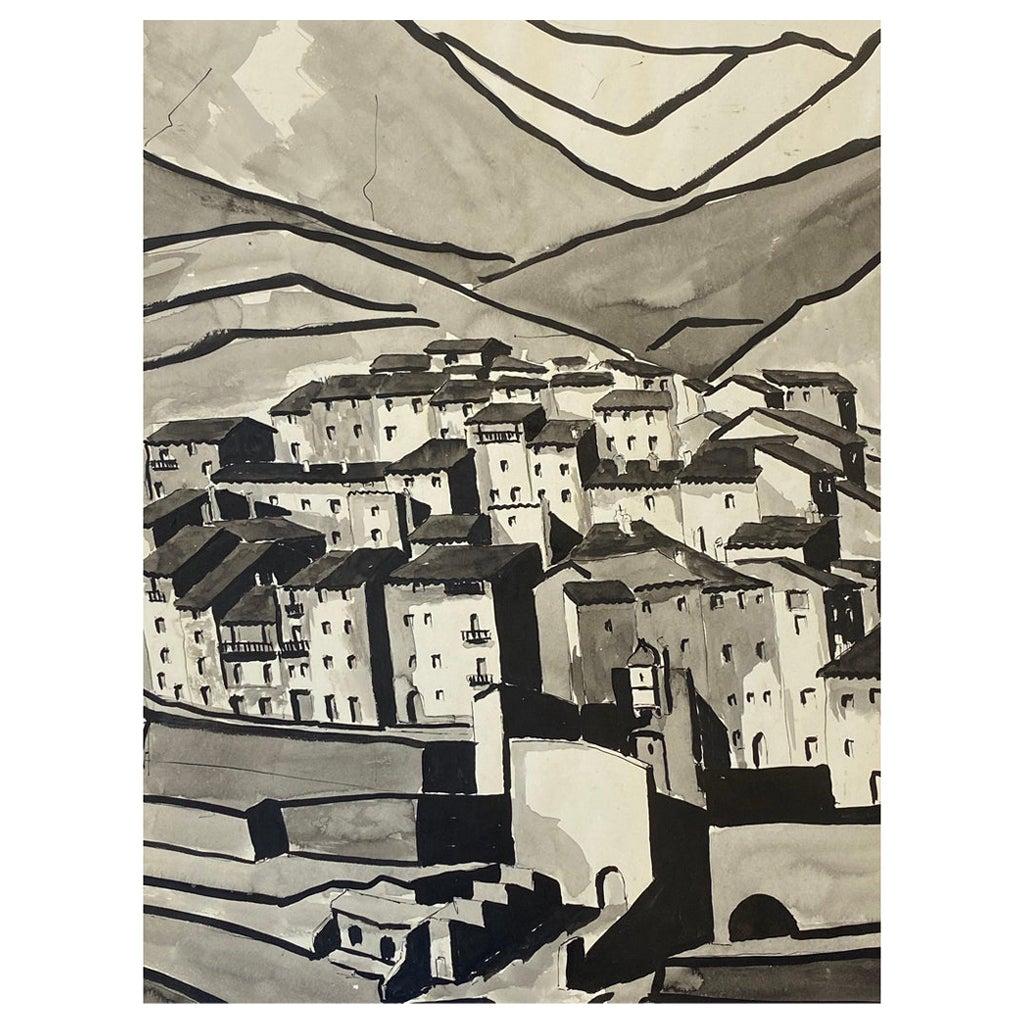 Peinture moderniste des années 1950, paysage urbain en noir et blanc